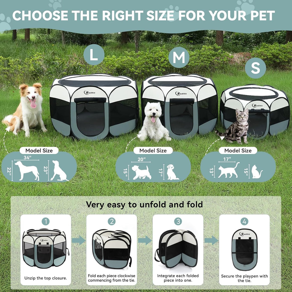 Dog Cat Playpen, Puppy Pet Playpen Indoor for Small Dog Crate Tent Cage Outdoor, Portable Pop up Dogs Enclosure Kennel with Carrying Case for Dogs/Cats/Rabbits(Grey, Small