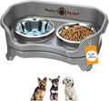 Express Mess Proof Dog Bowls Elevated for Small Breeds under 15 Lb, Made in USA, No Spill Raised Dog Food Bowl Stand, Stainless Steel Food and Water Bowl Set, Feeding Station, Grey