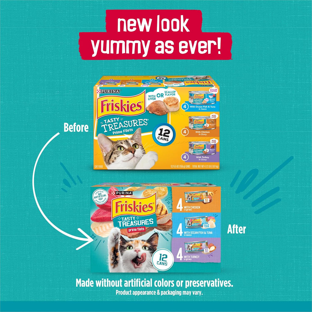 Purina  Wet Cat Food Variety Pack, Tasty Treasures Prime Filets (With Ocean Fish and Tuna, with Chicken and with Turkey) - 5.5 Ounce (Pack of 12)