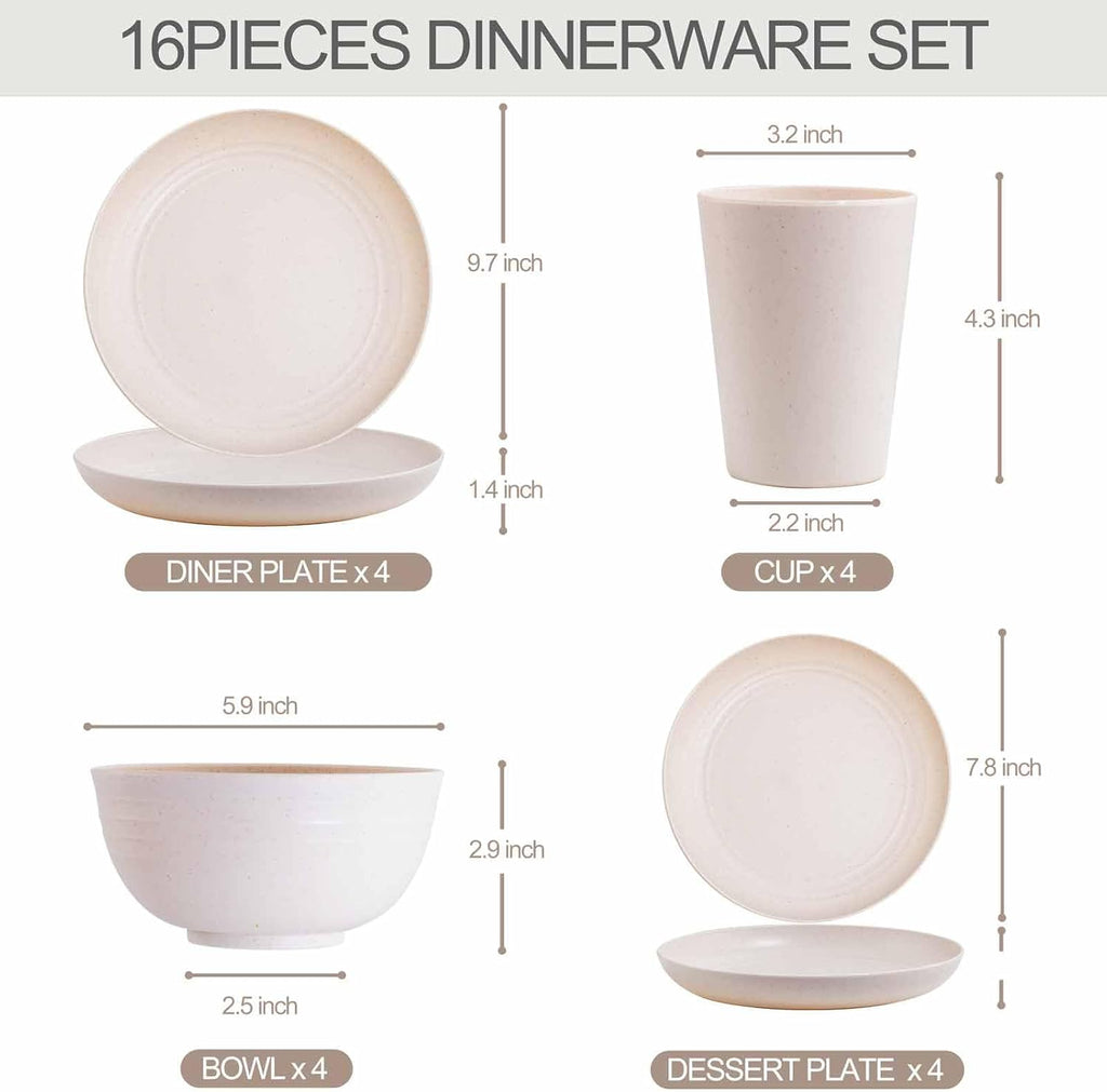 Wheat Straw Dinnerware Sets, 16PCS Plastic Dinnerware Set for 4, Wheat Straw Plates and Bowls Sets, Unbreakable Dinnerware Plastic Microwave Safe Dishes Set for Kitchen&Camping