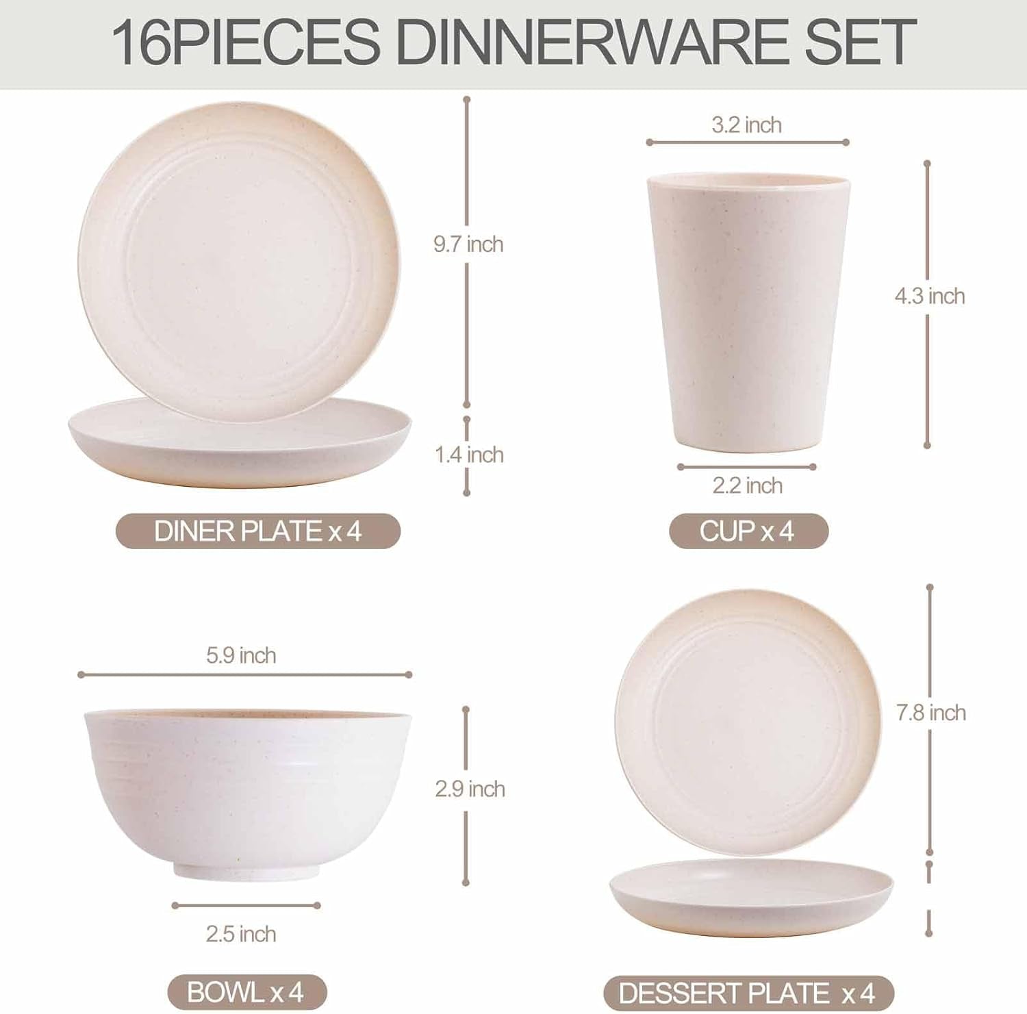 Wheat Straw Dinnerware Sets, 16PCS Plastic Dinnerware Set for 4, Wheat Straw Plates and Bowls Sets, Unbreakable Dinnerware Plastic Microwave Safe Dishes Set for Kitchen&Camping