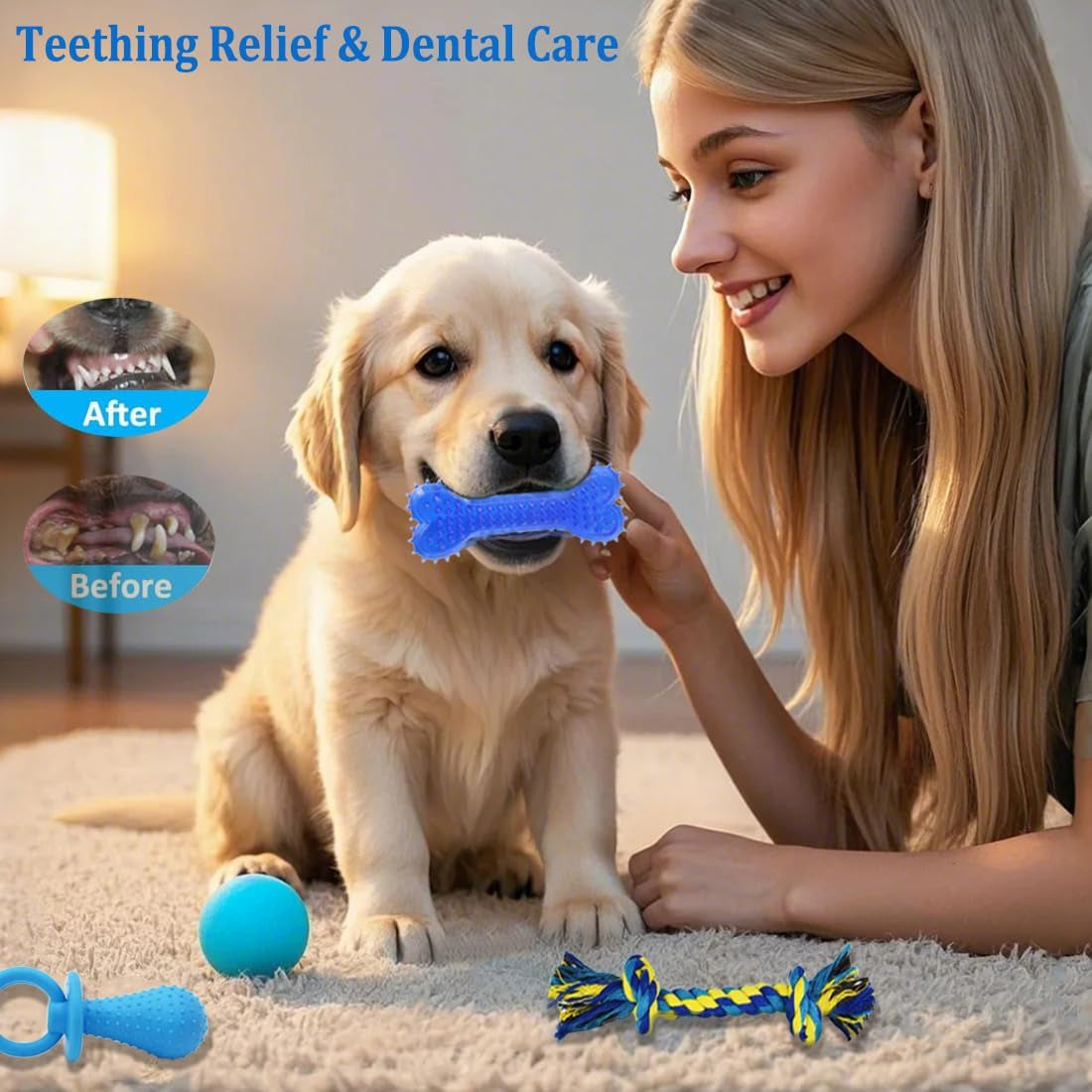 20 Pack Puppy Chew Toys - Blue Dog Teething Toys for Puppies, Puppy Teething Rings and Ropes, Rubber Toy Bundle for Small Dogs, Cute Interactive Dog Balls for Small Breed