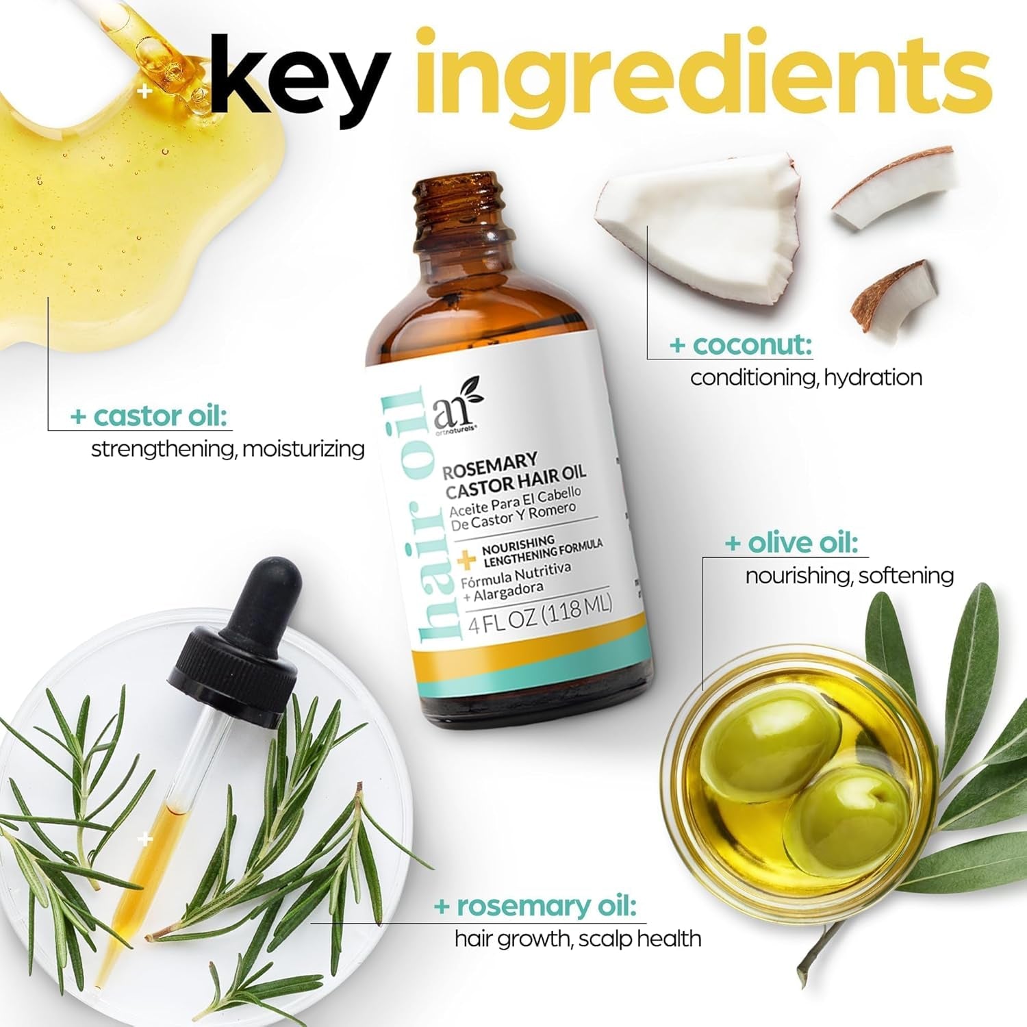 Organic Rosemary Castor Hair Oil + Massager Hair Growth Set Hair Growth Oil 4 Ounces with Coconut & Olive Oil for Dry, Damaged & Split End