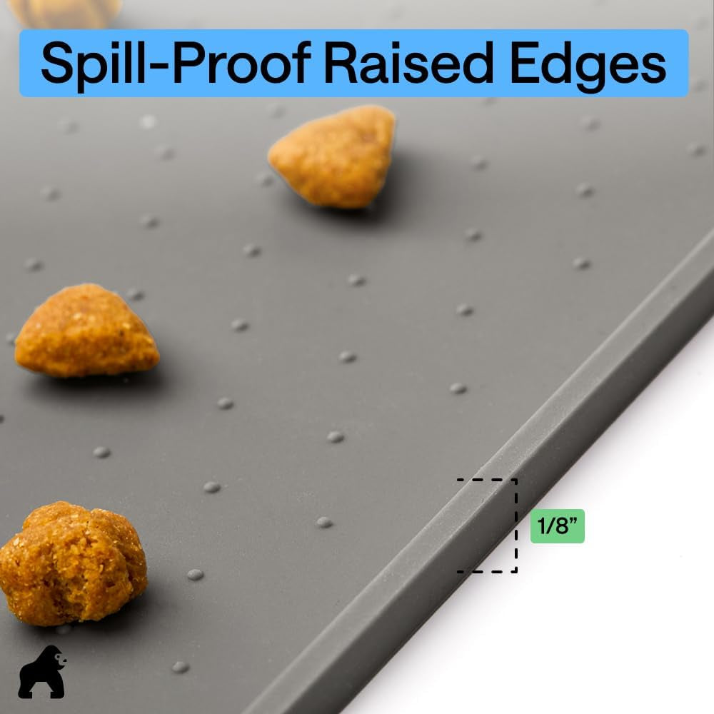 GORILLA GRIP 100% Waterproof Raised Edge BPA Free Silicone Pet Feeding Mat, Dog Cat Food Mats Contain Spills Protects Floors, Placemats for Cats and Dogs Water Bowl, 18.5X11.5, Gray