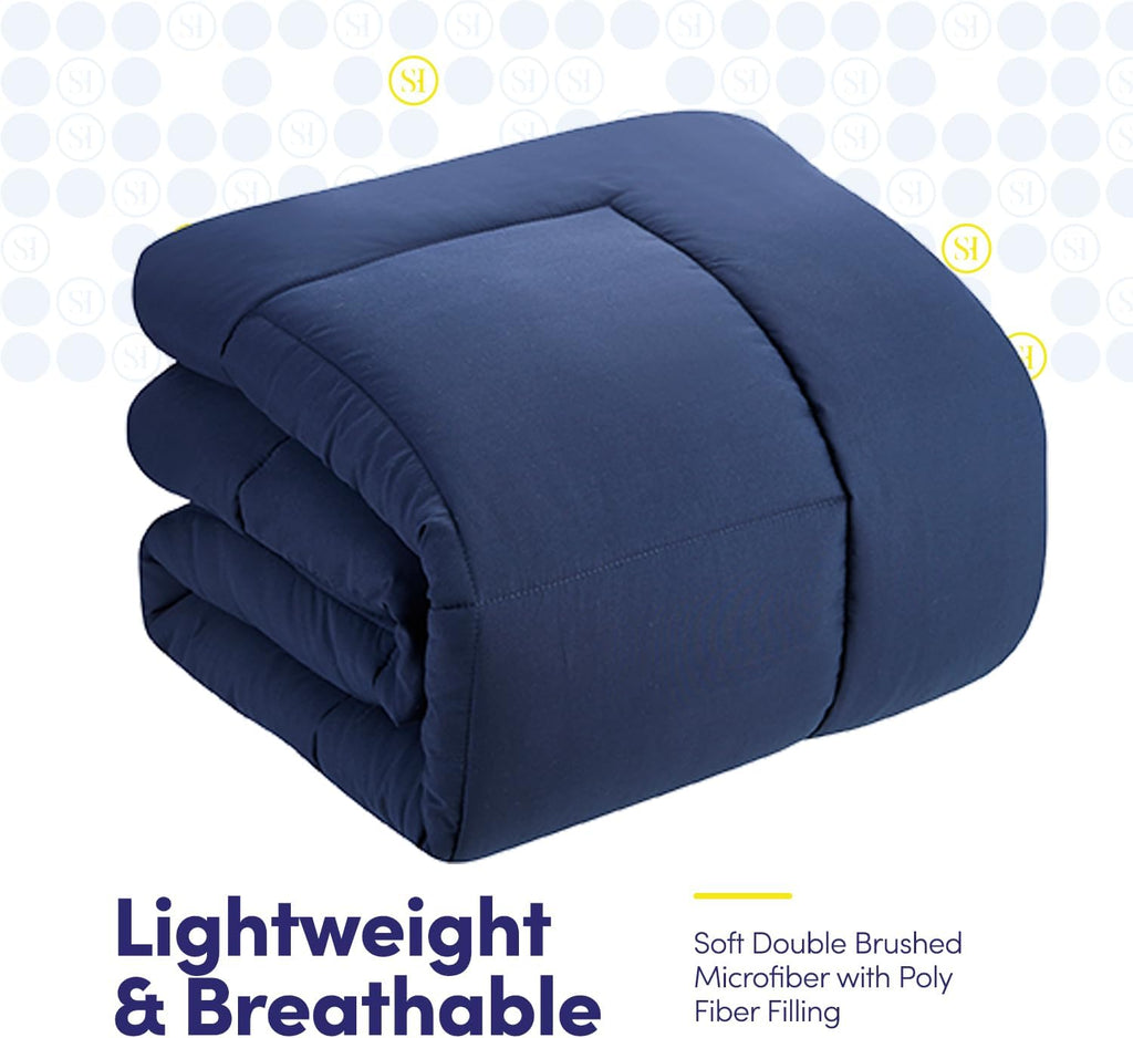 5 Piece Comforter Set Bag Solid Color All Season Soft down Alternative Blanket & Luxurious Microfiber Bed Sheets, Navy, Twin