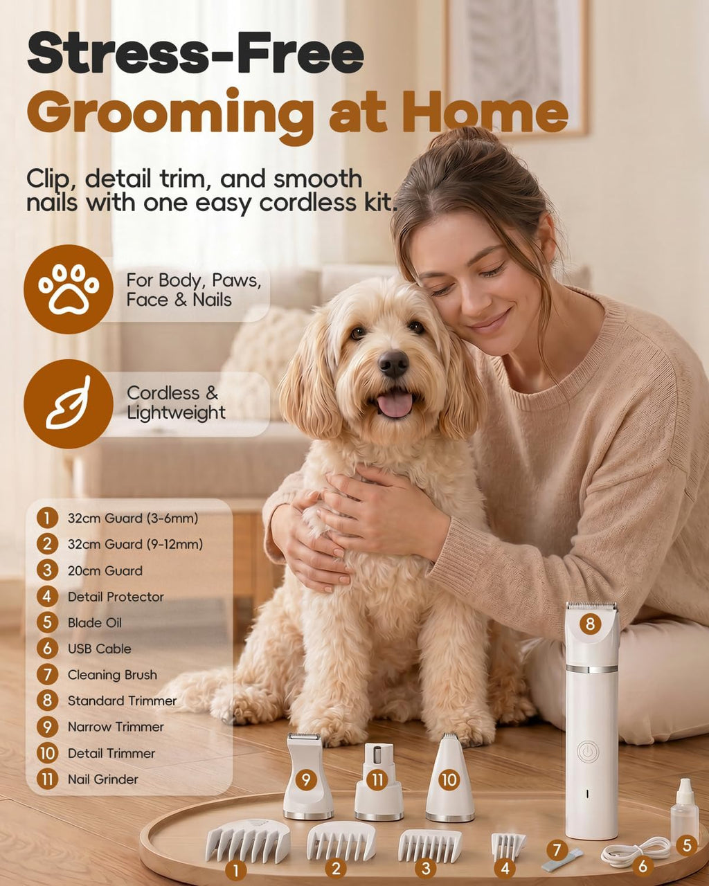 Dog Clippers Grooming Kit Hair Clipper-Low Noise Paw Trimmer- Rechargeable - Cordless Quiet Nail Grinder Shaver for Cats and Other Pets