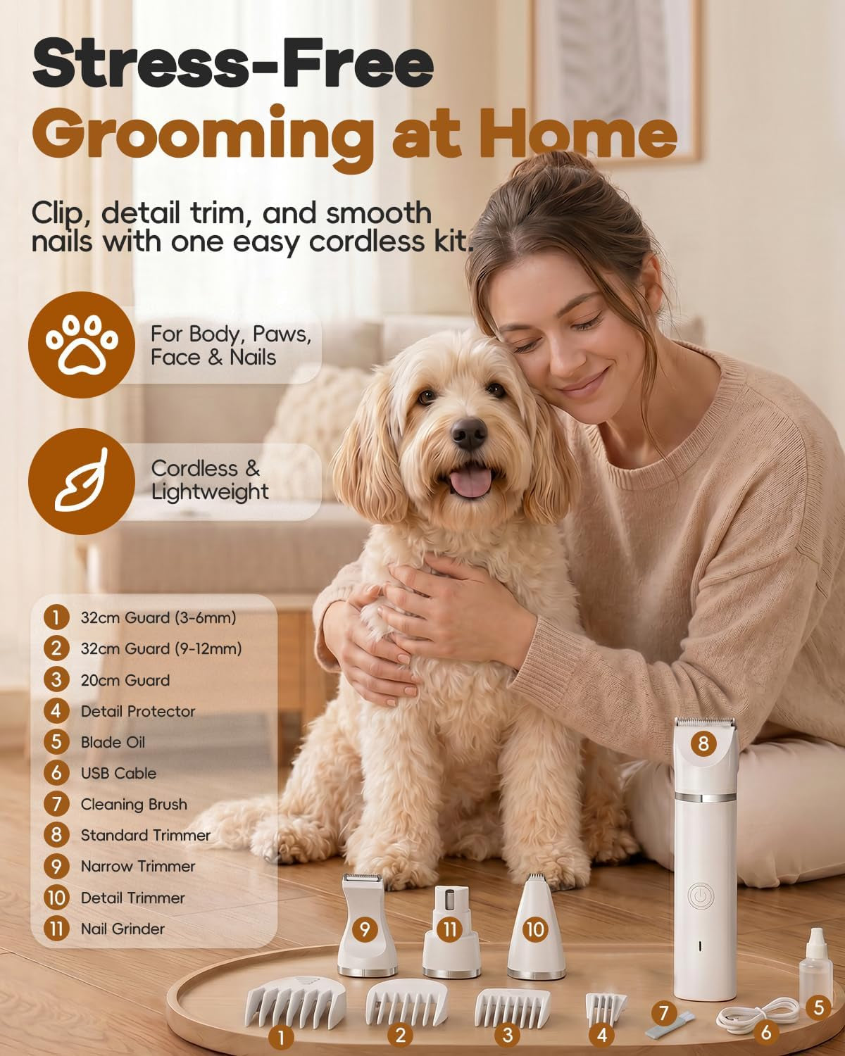 Dog Clippers Grooming Kit Hair Clipper-Low Noise Paw Trimmer- Rechargeable - Cordless Quiet Nail Grinder Shaver for Cats and Other Pets