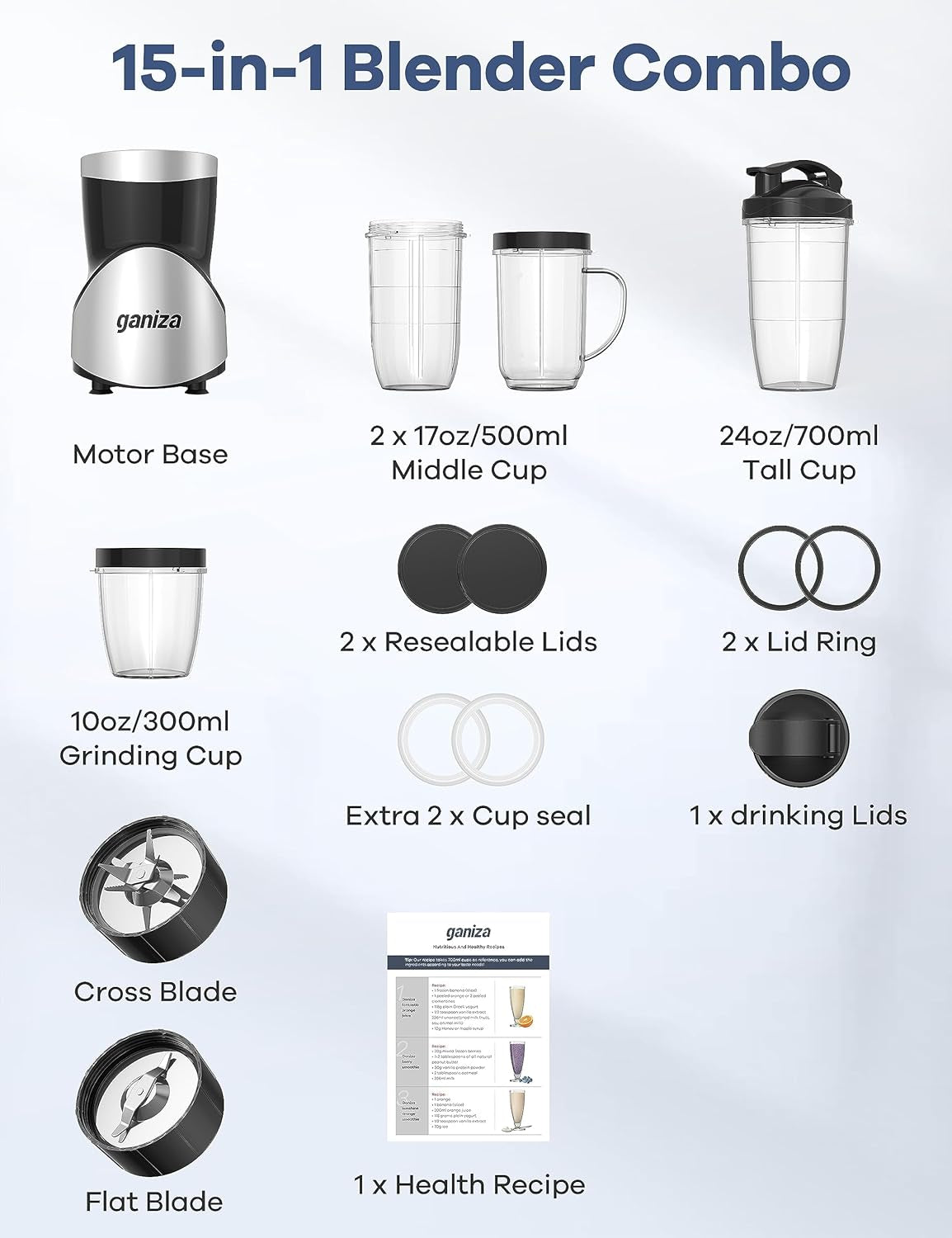 Smoothie Blender, 900W Blenders for Shakes and Smoothies, 15-Piece Personal Blender and Grinder Combo for Kitchen, Smoothies Maker with 4 Bpa-Free Portable Cup, Nutritious Recipe