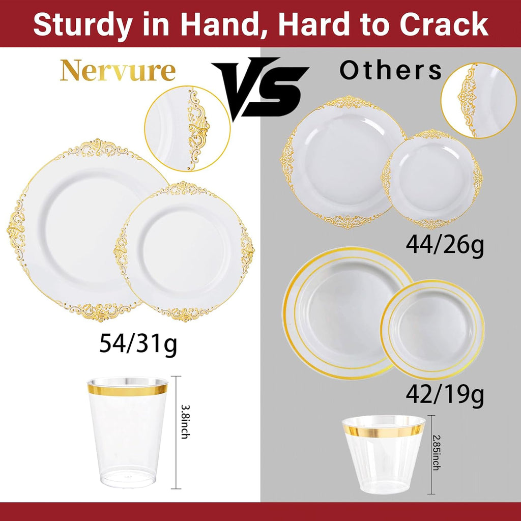 350PCS Gold Plastic Plates - Gold Plastic Dinnerware Sets for 50 Guests - 100 Disposable Plates, 150 Silverware, 50 Cups, 50 Napkins for Wedding & Party