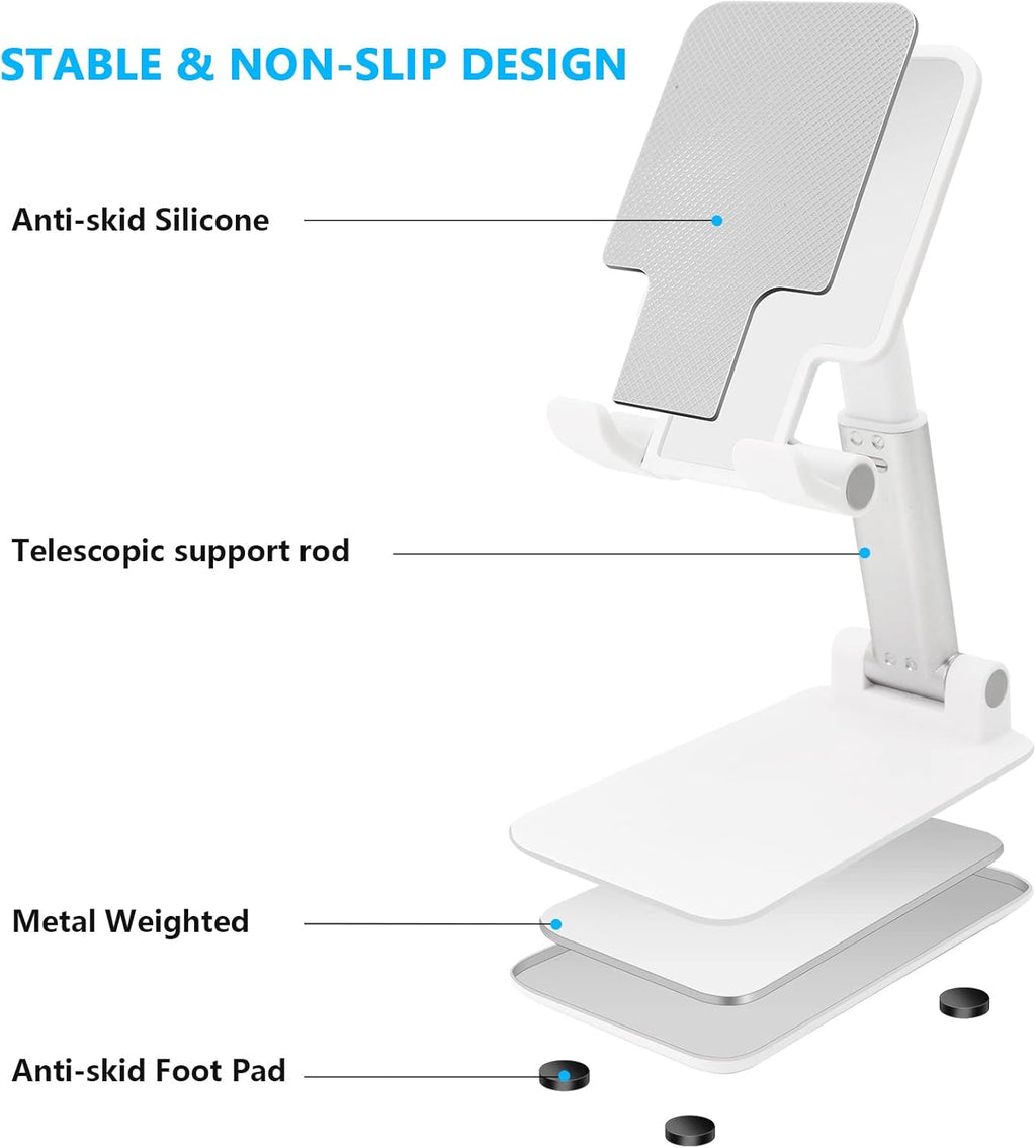 Cell Phone Stand, Folding Desktop Phone Stand, Angle Height Adjustable Mobile Phone Holder for Desk, Office, Tablet Stand Compatible with All Phones 4-10 Inches Cell Phone/Tablet (White)