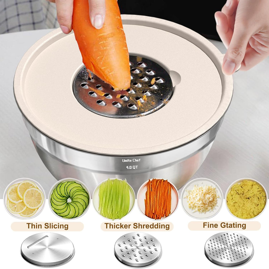 Mixing Bowls with Airtight Lids Set, 8PCS Stainless Steel Nesting Bowls with Grater Attachments, Non-Slip Bottoms, 5, 4, 3.5, 2, 1.5QT for Mixing & Serving
