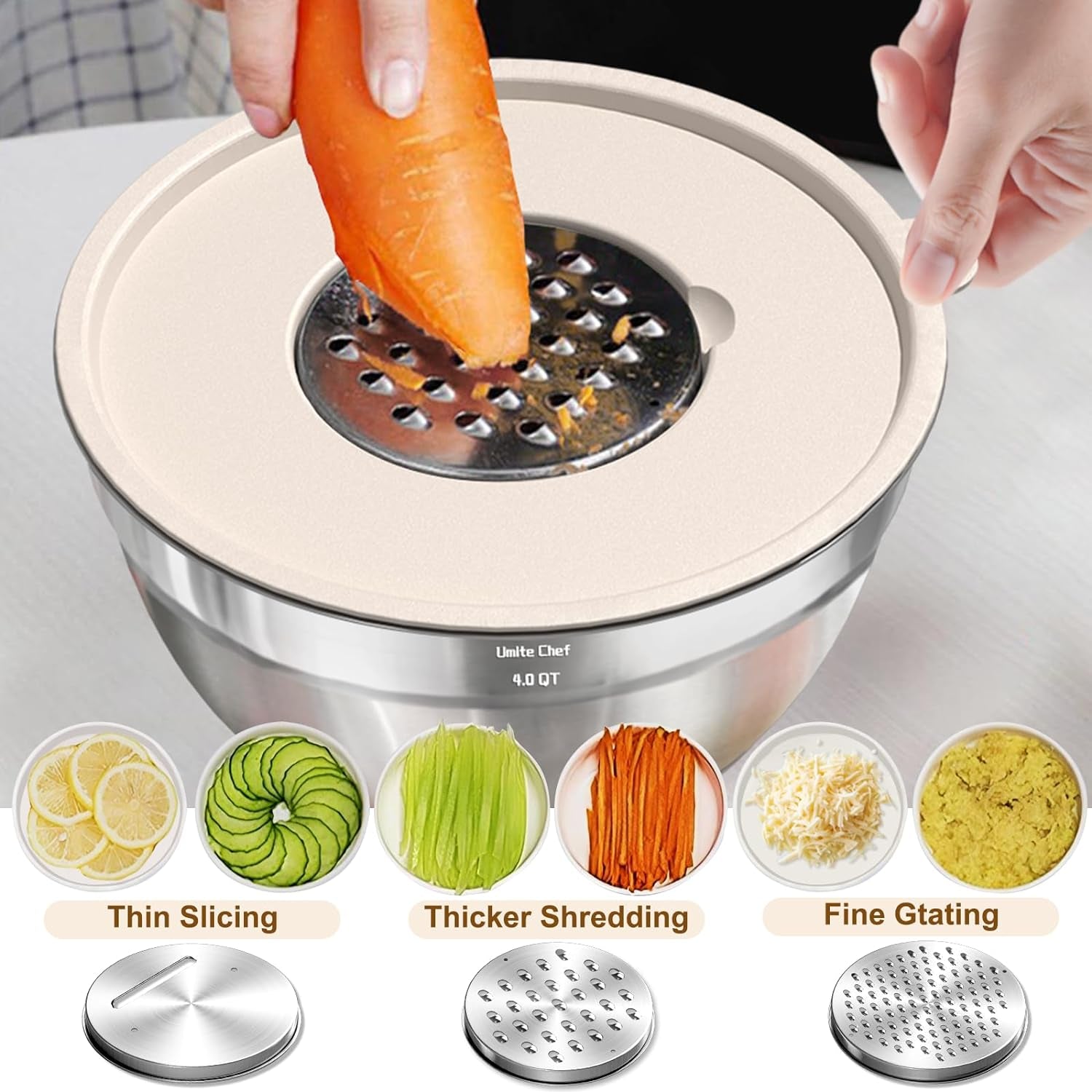 Mixing Bowls with Airtight Lids Set, 8PCS Stainless Steel Nesting Bowls with Grater Attachments, Non-Slip Bottoms, 5, 4, 3.5, 2, 1.5QT for Mixing & Serving
