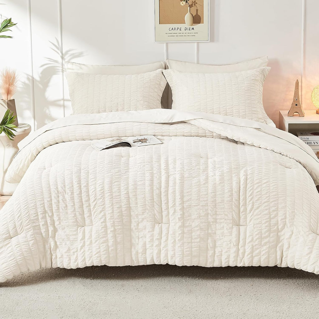 Ivory Queen Comforter Set Seersucker 7 Pieces, All Season Luxury Bed in a Bag for Bedroom, Bedding Set with Comforters, Sheets, Pillowcases & Shams