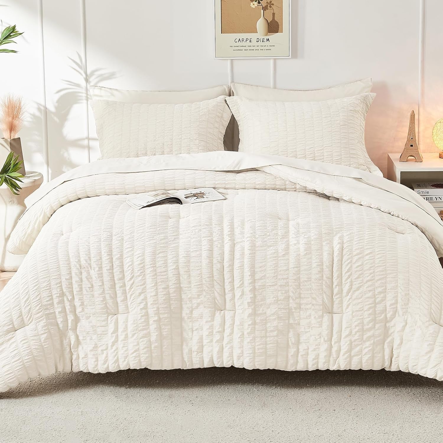 Ivory Queen Comforter Set Seersucker 7 Pieces, All Season Luxury Bed in a Bag for Bedroom, Bedding Set with Comforters, Sheets, Pillowcases & Shams