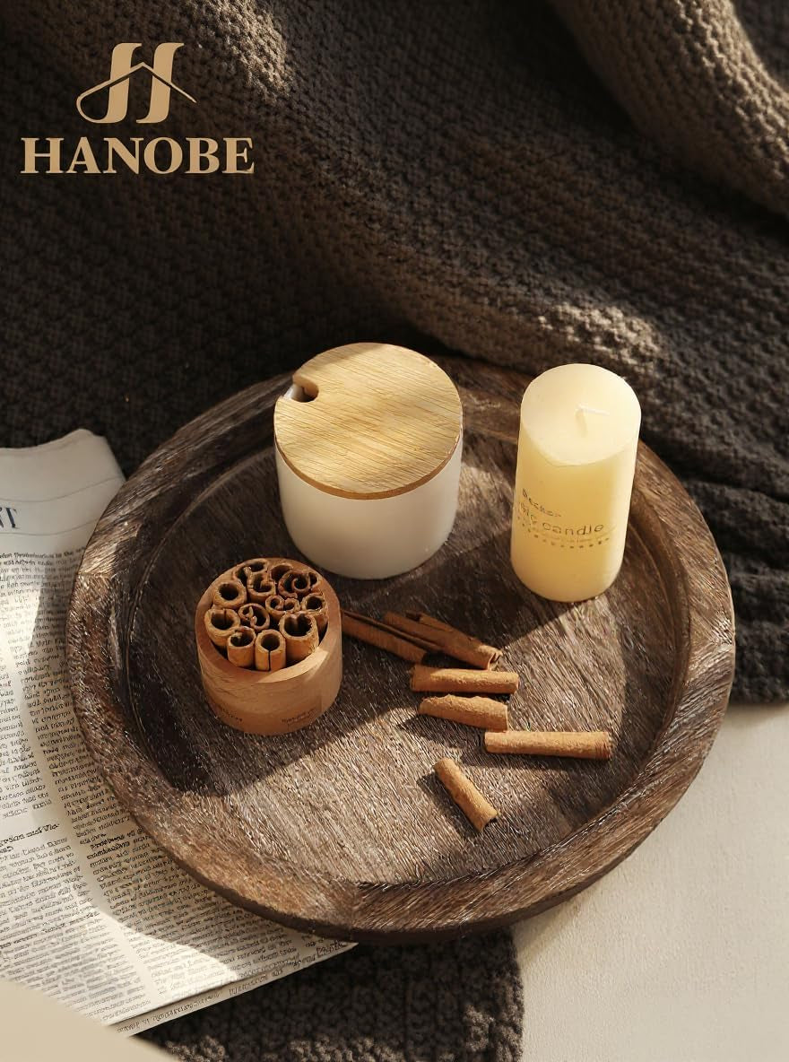 Candle Plate Holder Tray: round Wood Decorative Candle Plate - Rustic Farmhouse Coffeetable Decor - Tealight Pillar Trays for Home Decor (Distressed)