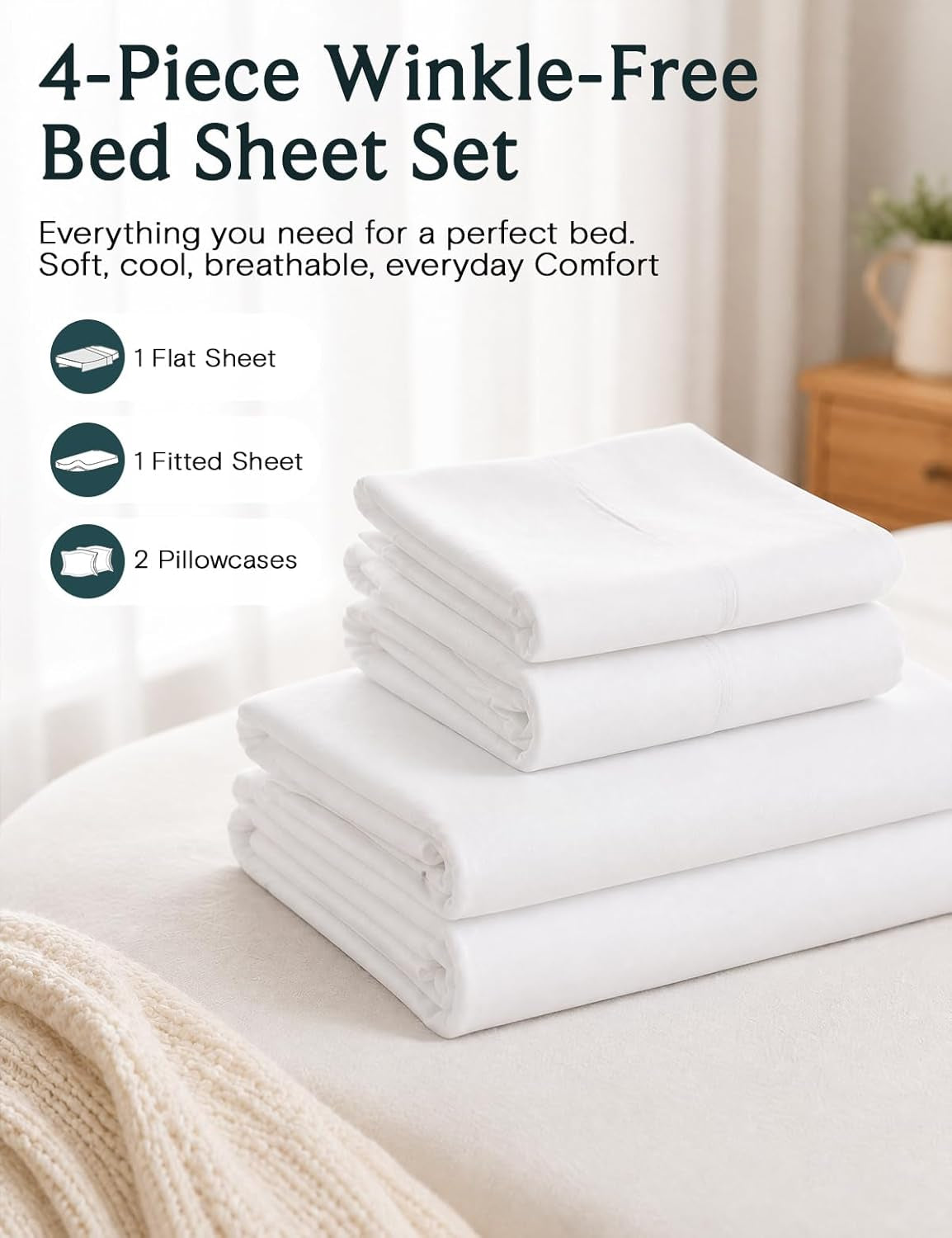 Queen Sheet Set, 4PC Bed Sheets Queen Size, Deep Pocket Cooling Bed Sheets, Soft Hotel Luxury Bedding for Mattress Wrinkle Free, Silky Fitted Sheet & Pillowcase Sets, White