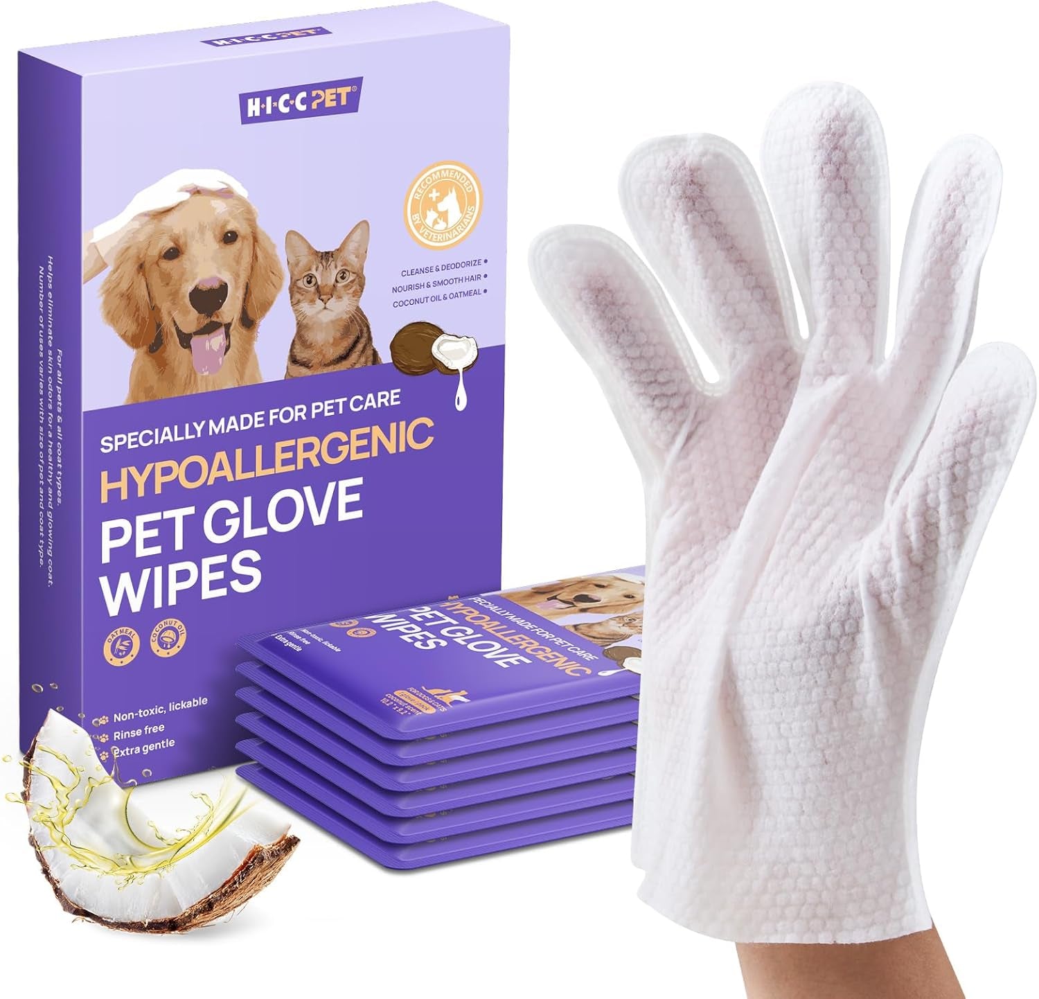 Cleaning Deodorizing Glove Wipes for Dogs & Cats, Vet Recommended Hypoallergenic Hydrating & Nourish Fur Pet Grooming Glove Wipes, Pet Bathing Wipes for Horse Coat Care, 6Pcs Coconut Scent