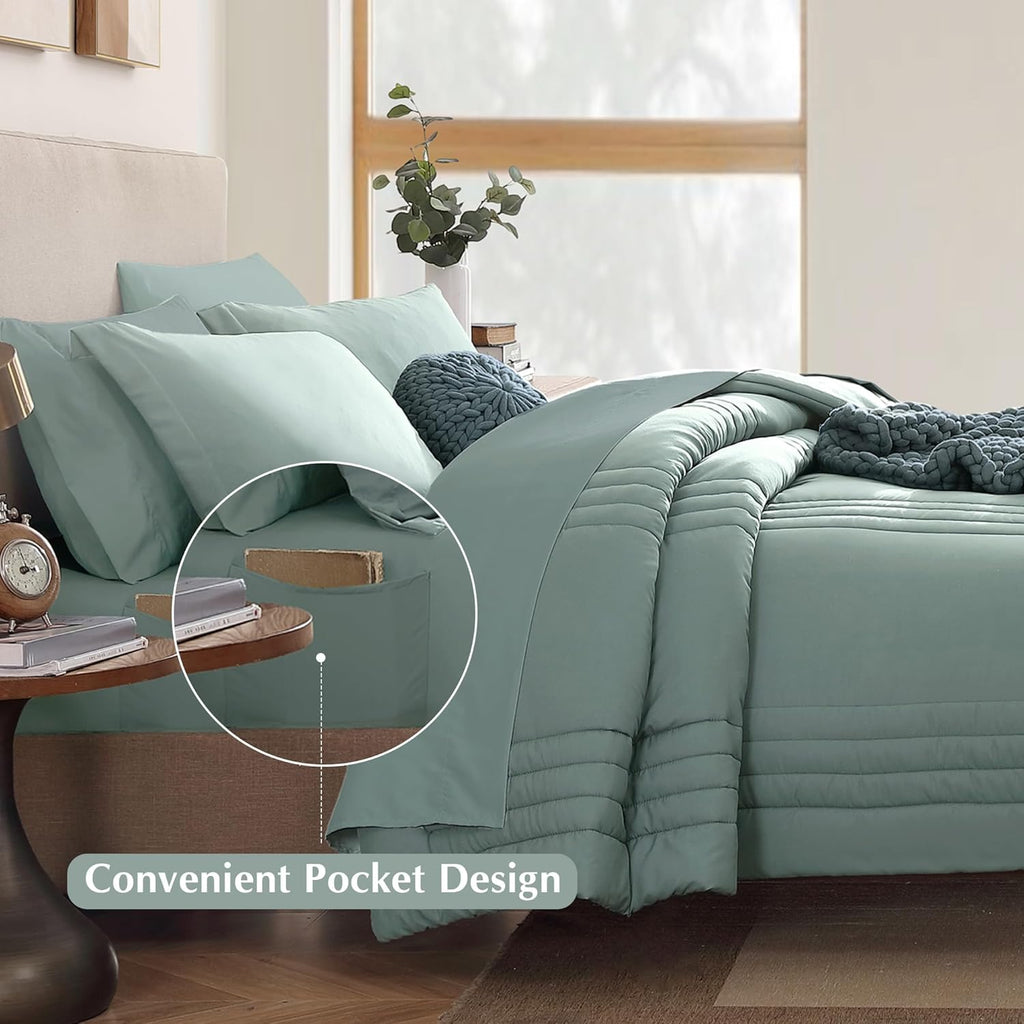 Full Size Comforter Sets - 7 Pieces Sage Green Bed in a Bag Full Size Bedding Sets with Comforter, Sheets, Pillowcases & Shams
