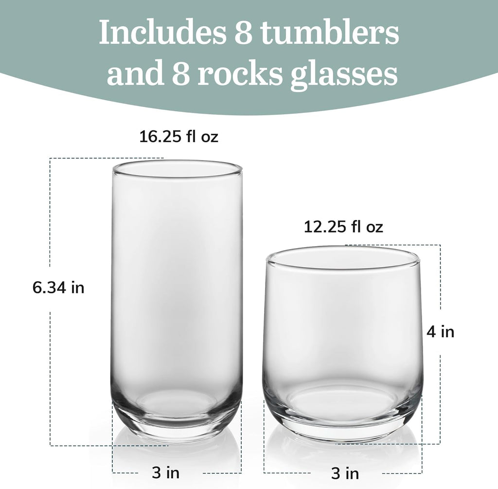 Ascent Tumbler and Rocks Drinking Glasses Set of 16, Glass Drinking Glasses with Curvature, Versatile Glassware Set for Parties and More