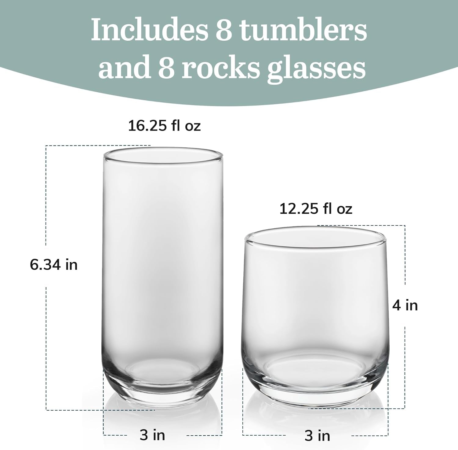 Ascent Tumbler and Rocks Drinking Glasses Set of 16, Glass Drinking Glasses with Curvature, Versatile Glassware Set for Parties and More