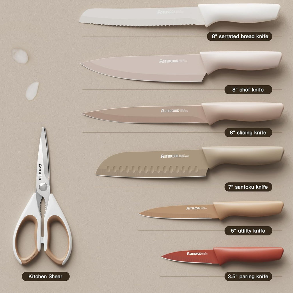 Knife Set, 13 Pieces Kitchen Knives Set with Healthy Anti-Rust Coating, Dishwasher Safe, Stainless Steel Chef Knife Sets with 6 Blade Guards, Perfect Mothers Day Gifts for Kitchen