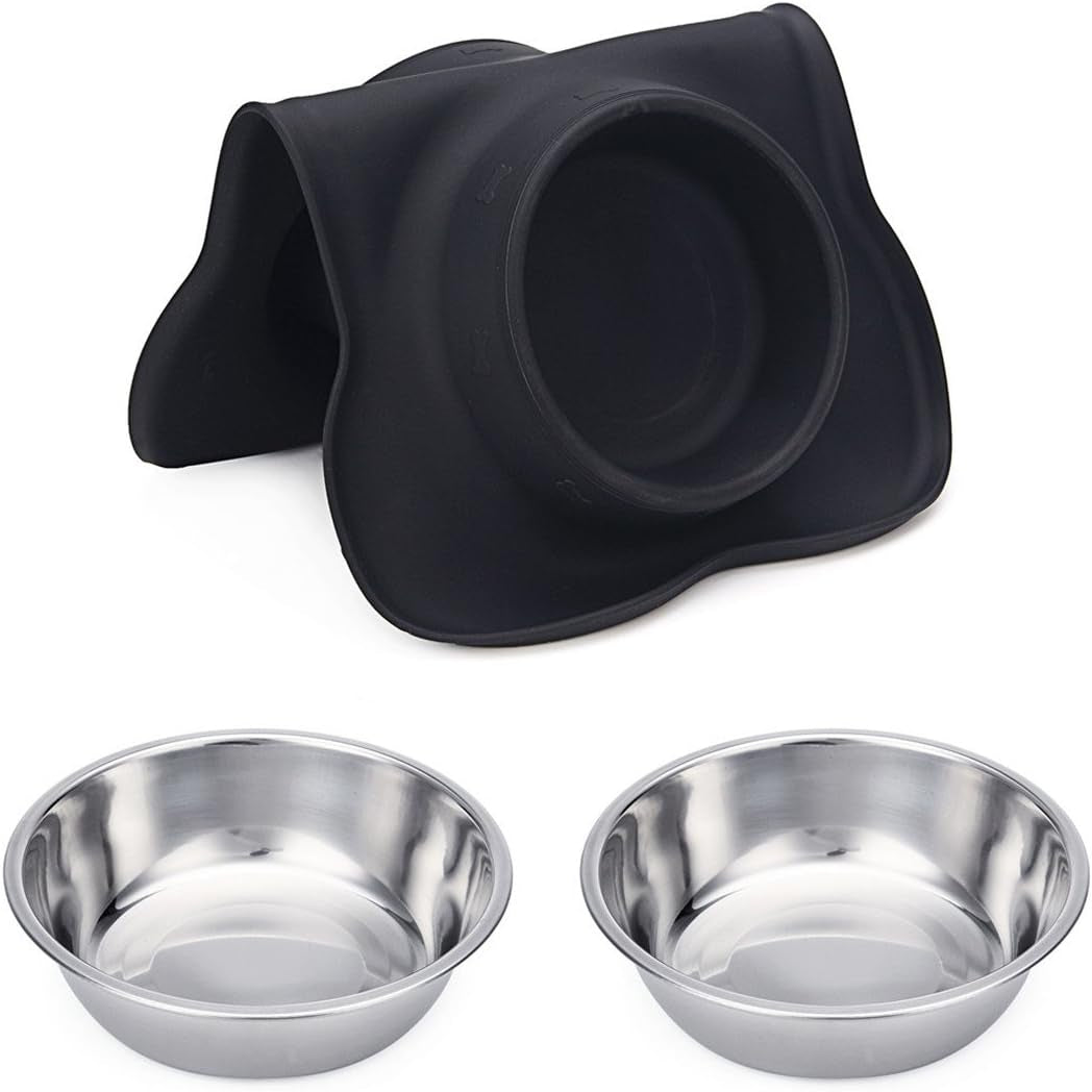 Pet Dog Bowls 2 Stainless Steel Dog Bowl with No Spill Non-Skid Silicone Mat + Pet Food Scoop Water and Food Feeder Bowls for Feeding Small Medium Large Dogs Cats Puppies (S, Black)