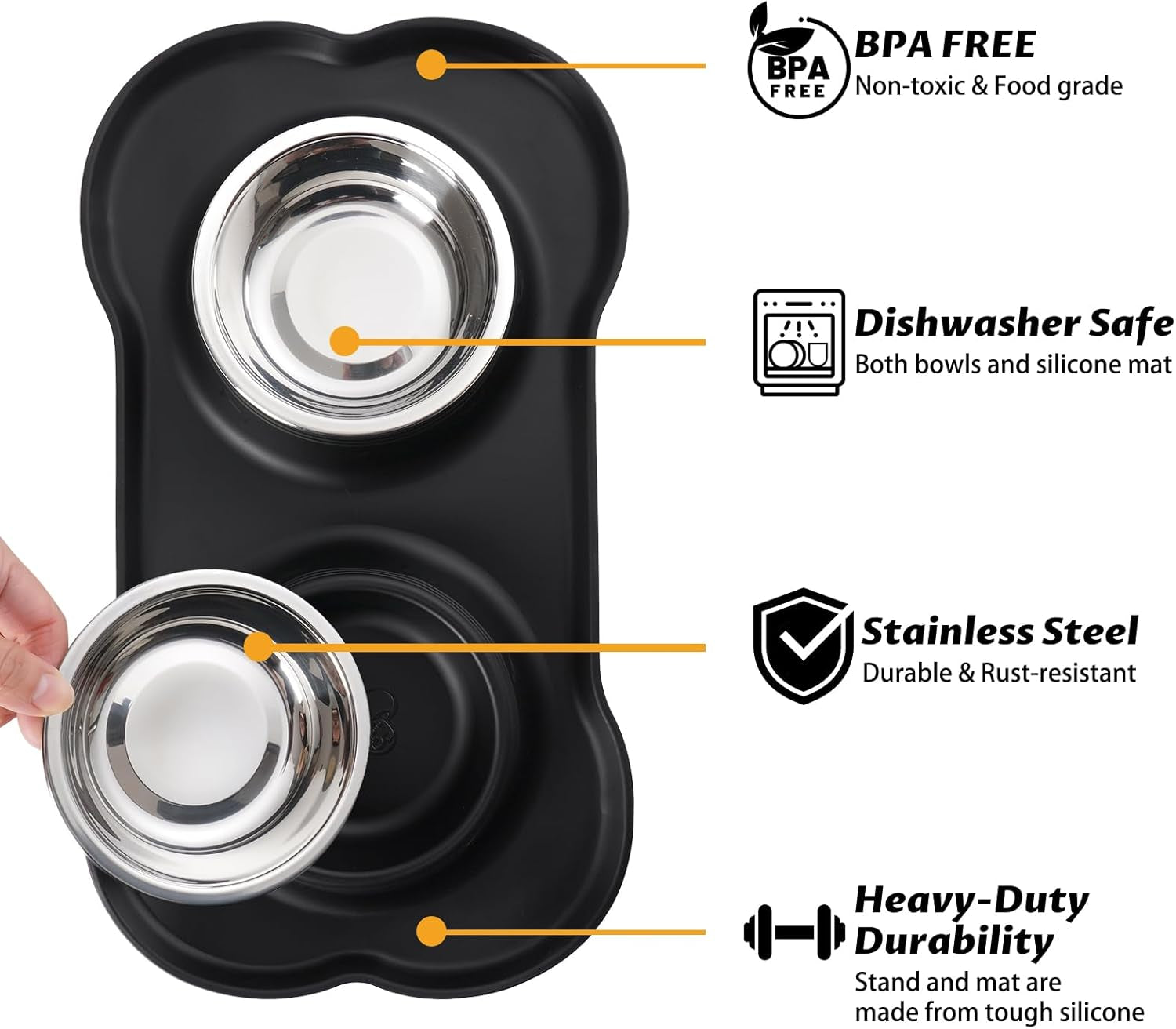 Pet Dog Bowls 2 Stainless Steel Dog Bowl with No Spill Non-Skid Silicone Mat + Pet Food Scoop Water and Food Feeder Bowls for Feeding Small Medium Large Dogs Cats Puppies (S, Black)