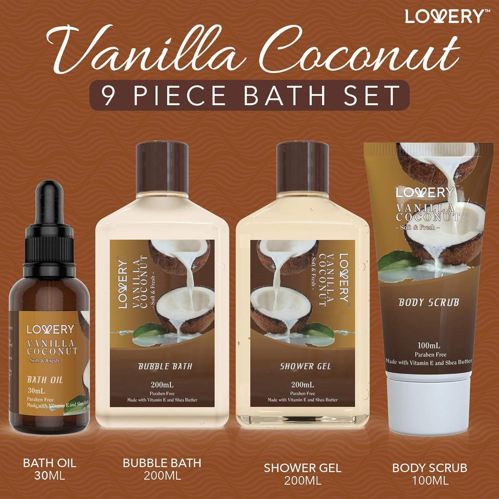 Gifts for Women Gift Basket for Women– 9 Piece Set of Vanilla Coconut Home Spa Set, Luxurious Gifts for Her, Bath and Body Sets Includes Fragrant Lotions, Large Bath Bombs, Coconut Oil