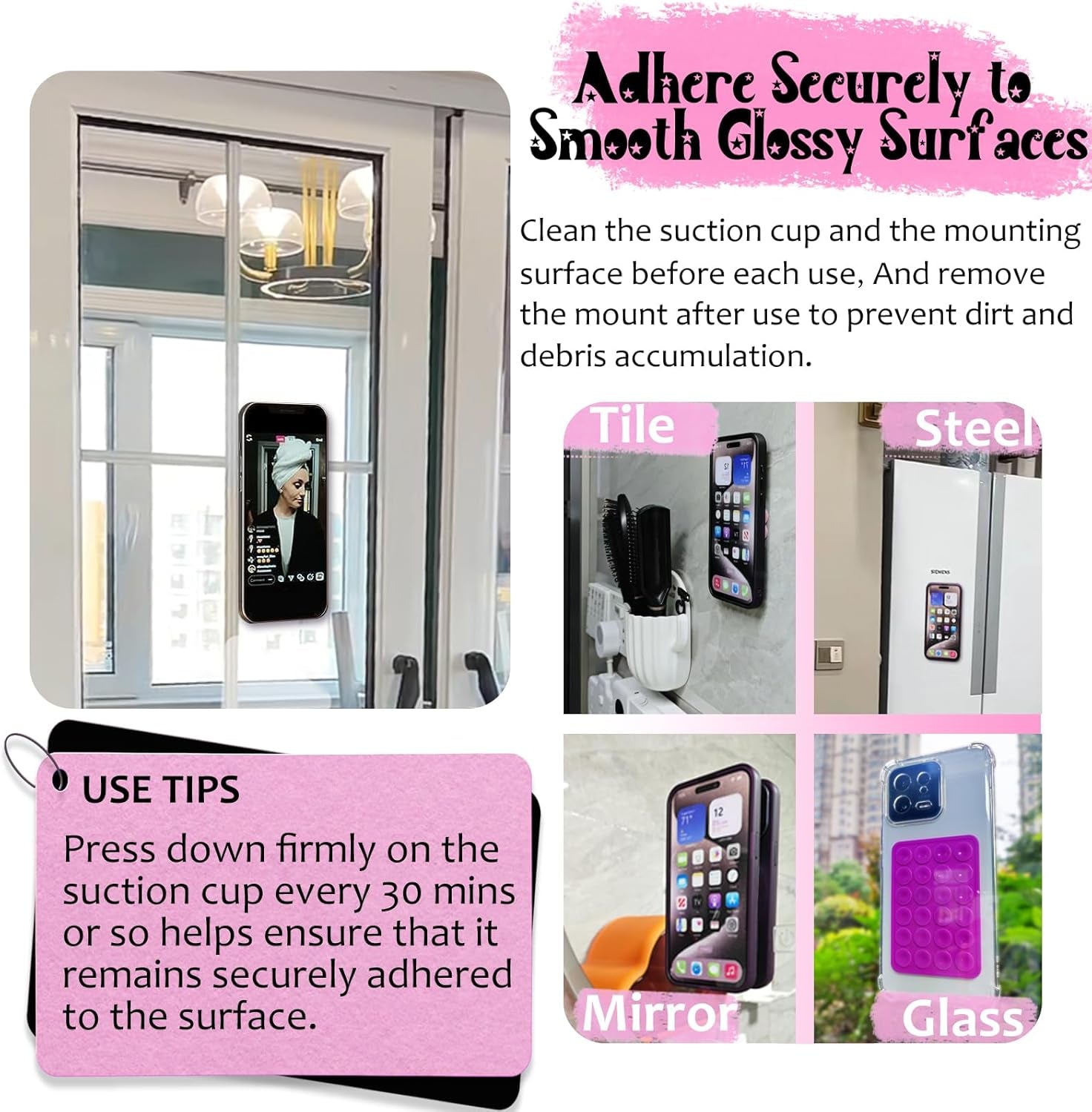 Anteel Silicone Suction Phone Case Mount, Silicon Adhesive Phone Accessory for Smartphones, Hands-Free Mirror Shower Phone Holder for Selfies, Tiktok Videos (Light Pink)