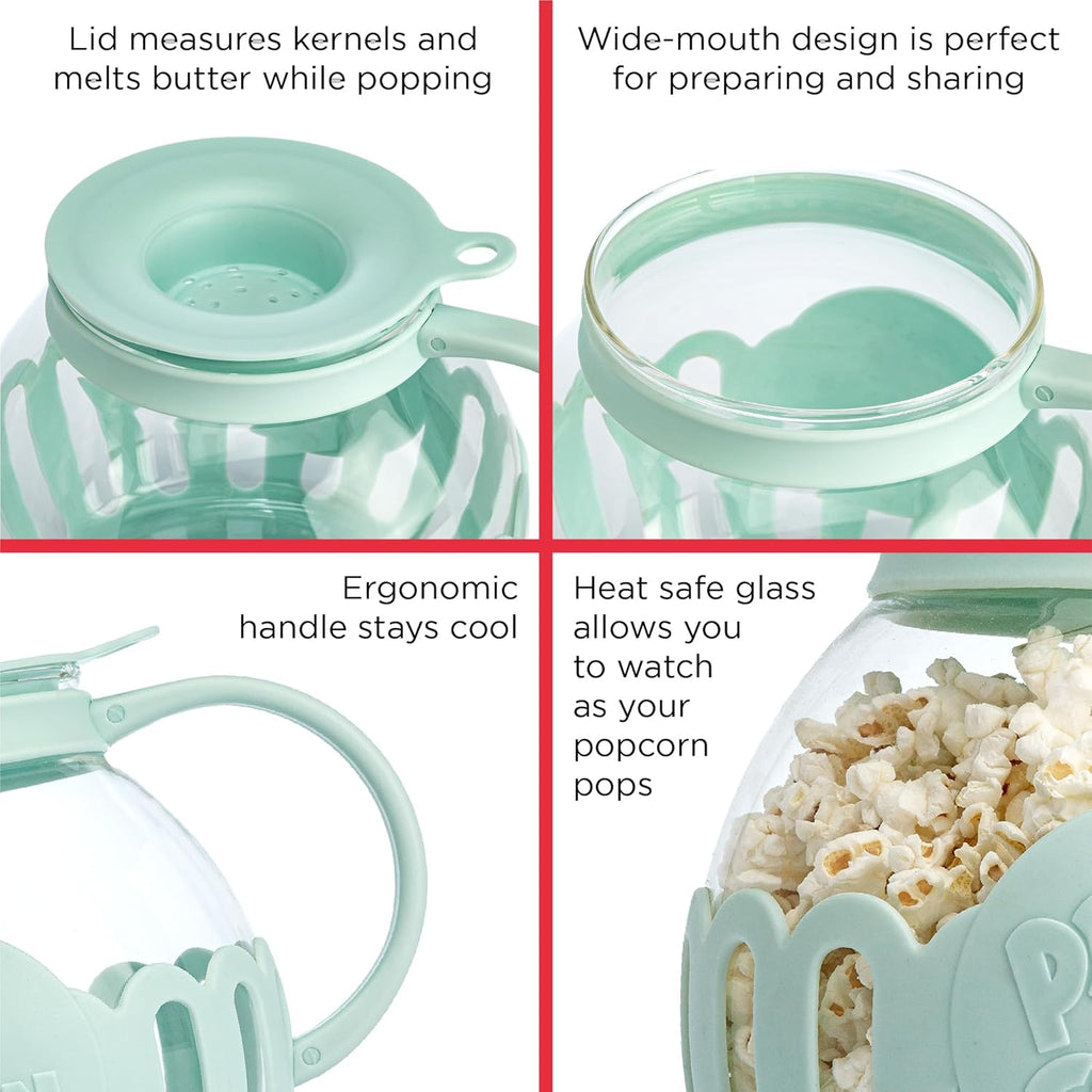 Patented Micro-Pop Microwave Popcorn Popper with Temperature Safe Glass, 3-In-1 Lid Measures Kernels and Melts Butter, Made without BPA, Dishwasher Safe, 3-Quart, Aqua