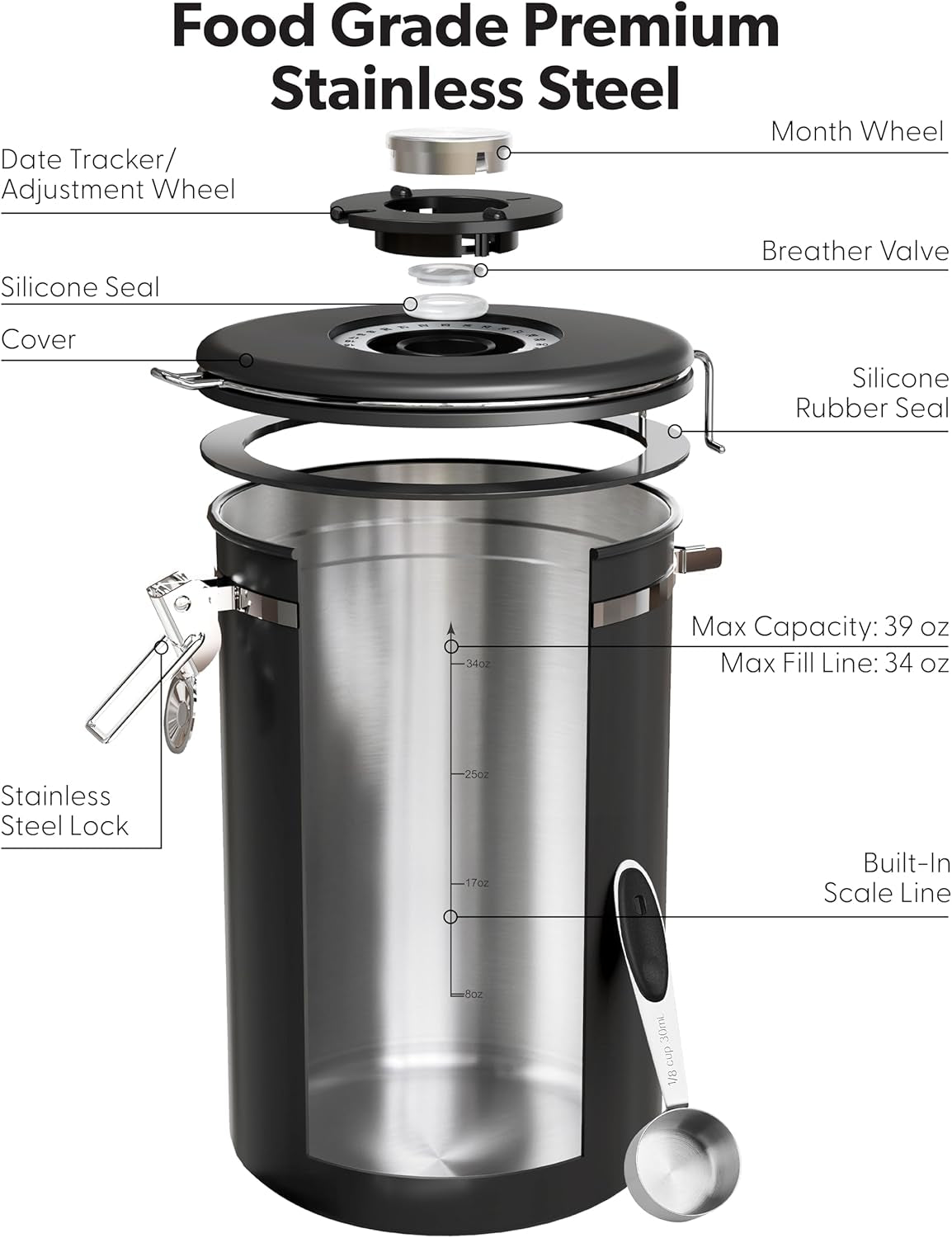 Large Coffee Canister with Window, Kitchen Food Storage Airtight Stainless Steel Container for 2.2Lbs Coffee Beans, Grounds, Rice,Tea, Flour, Cereal, Sugar Jars,Date Tracker and Scoop 39Oz,Black
