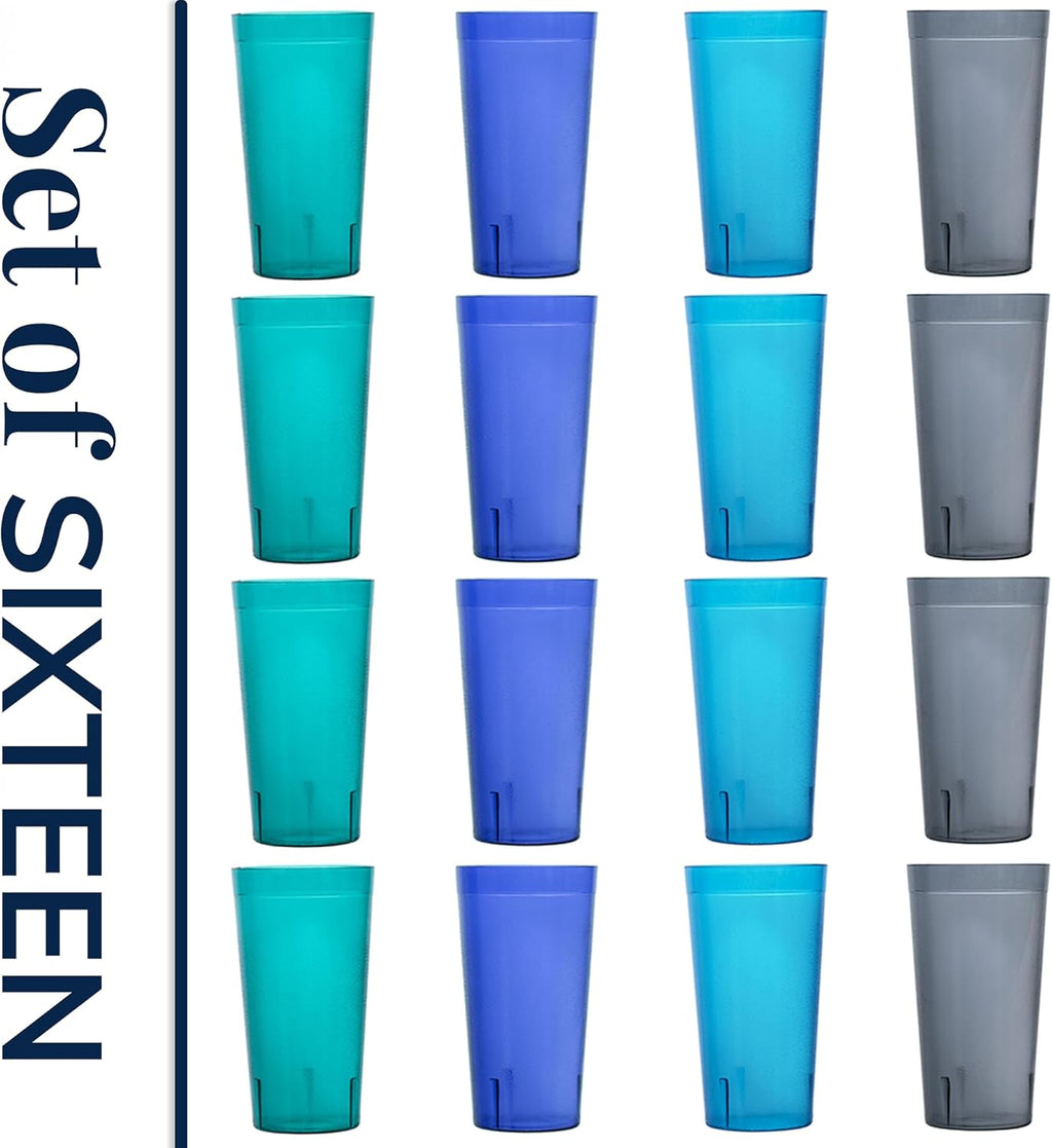 Cafe Plastic Reusable Tumblers (Set of 16) 20-Ounce Water Cups Coastal Colors | Restaurant Style Drinking Glasses Value Set, Stackable, Bpa-Free, Made in the USA | Top-Rack Dishwasher Safe
