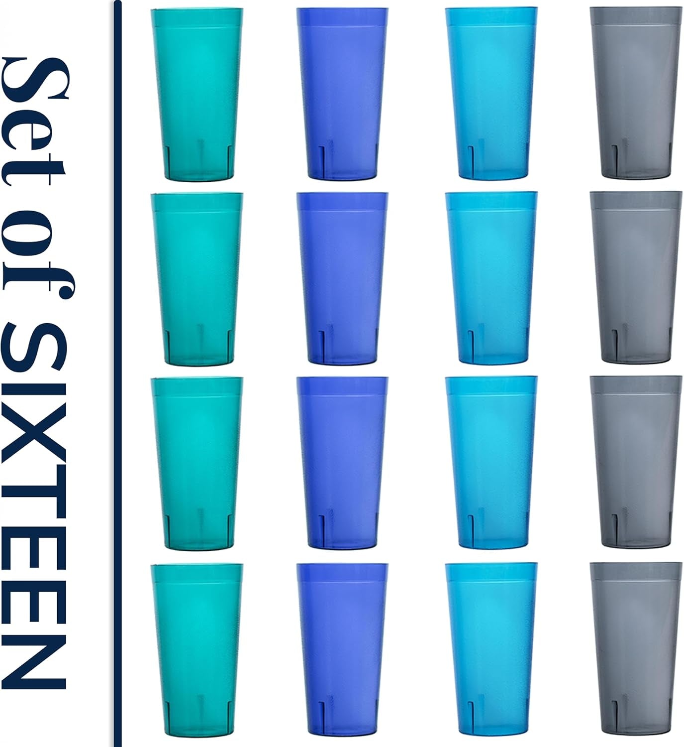 Cafe Plastic Reusable Tumblers (Set of 16) 20-Ounce Water Cups Coastal Colors | Restaurant Style Drinking Glasses Value Set, Stackable, Bpa-Free, Made in the USA | Top-Rack Dishwasher Safe