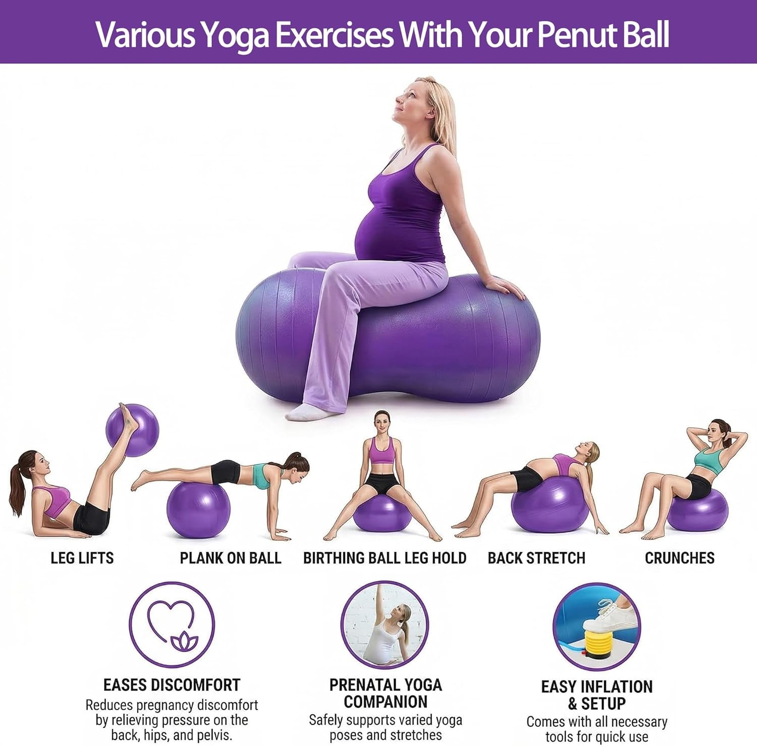 Peanut Ball for Kids Therapy,Anti-Burst Exercise Ball with Pump 90X45Cm Yoga Ball Gym Quality Fitness Ball for Pregnancy Birth Exercise Physical Therapy, for Child Training, Women, Men