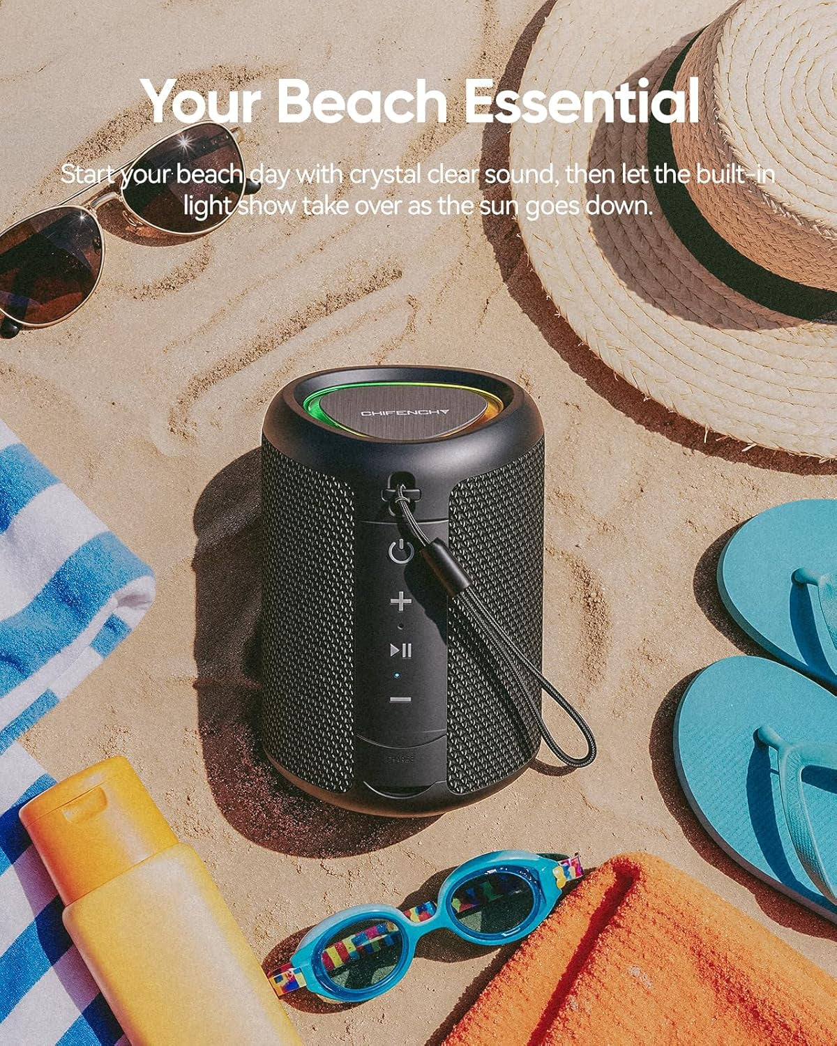 Portable Bluetooth Speaker Beach Essentials: Powerful Crystal Clear Sound/Dynamic Light/Ipx5 Waterproof/All Day Playtime/Wireless BT 5.3/TWS Paring, Mom Gifts, Outdoor|Travel|Camping|Pool Accessories