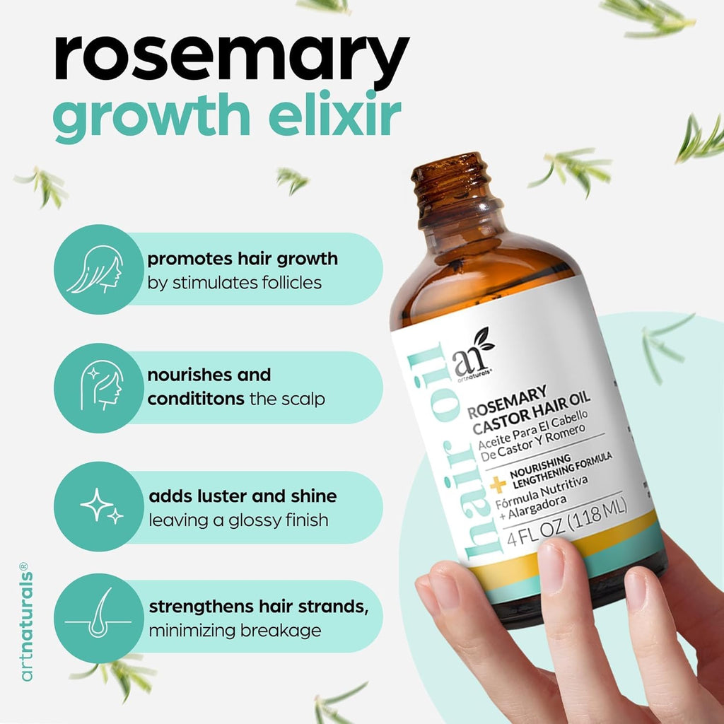 Organic Rosemary Castor Hair Oil + Massager Hair Growth Set Hair Growth Oil 4 Ounces with Coconut & Olive Oil for Dry, Damaged & Split End