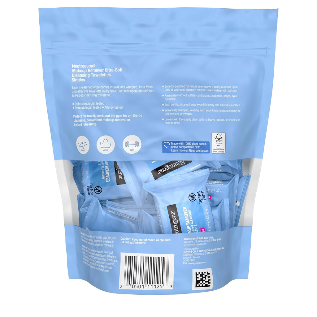 Neutrogena Makeup Remover Wipes, Daily Single Face Cleansing Towelettes, Makeup Removing Cleansing Wipes Removes Dirt & Oil, Alcohol-Free Face Towelettes, 20 Ct