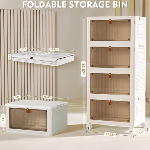 4 Tier Plastic Storage Bins with Lid 23QT, Stackable Storage Containers with Wheels, Folding Storage Boxes, Stackable Storage Bins, Organizers and Storage for Living Room,Office,Dorm