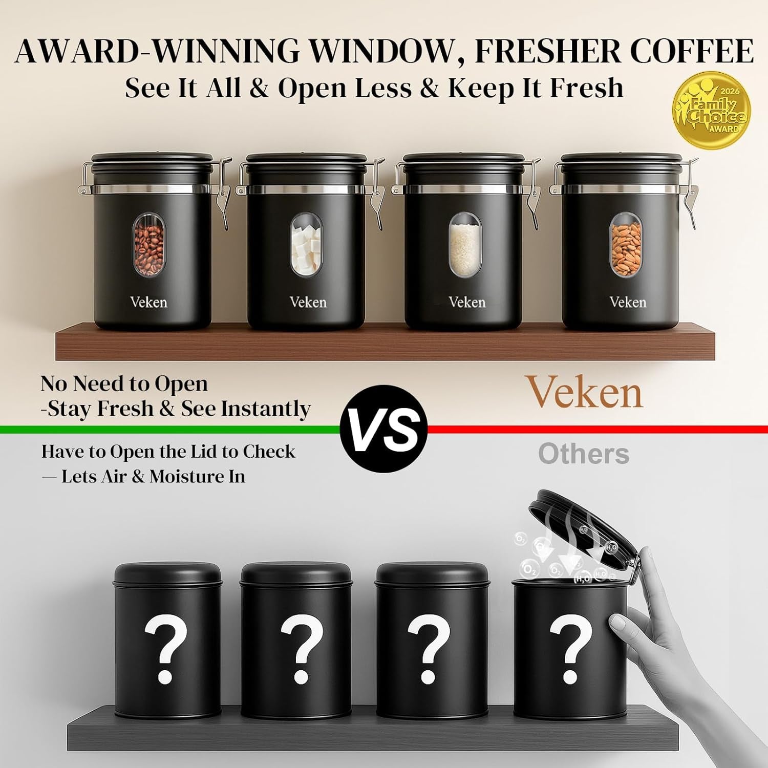 Large Coffee Canister with Window, Kitchen Food Storage Airtight Stainless Steel Container for 2.2Lbs Coffee Beans, Grounds, Rice,Tea, Flour, Cereal, Sugar Jars,Date Tracker and Scoop 39Oz,Black