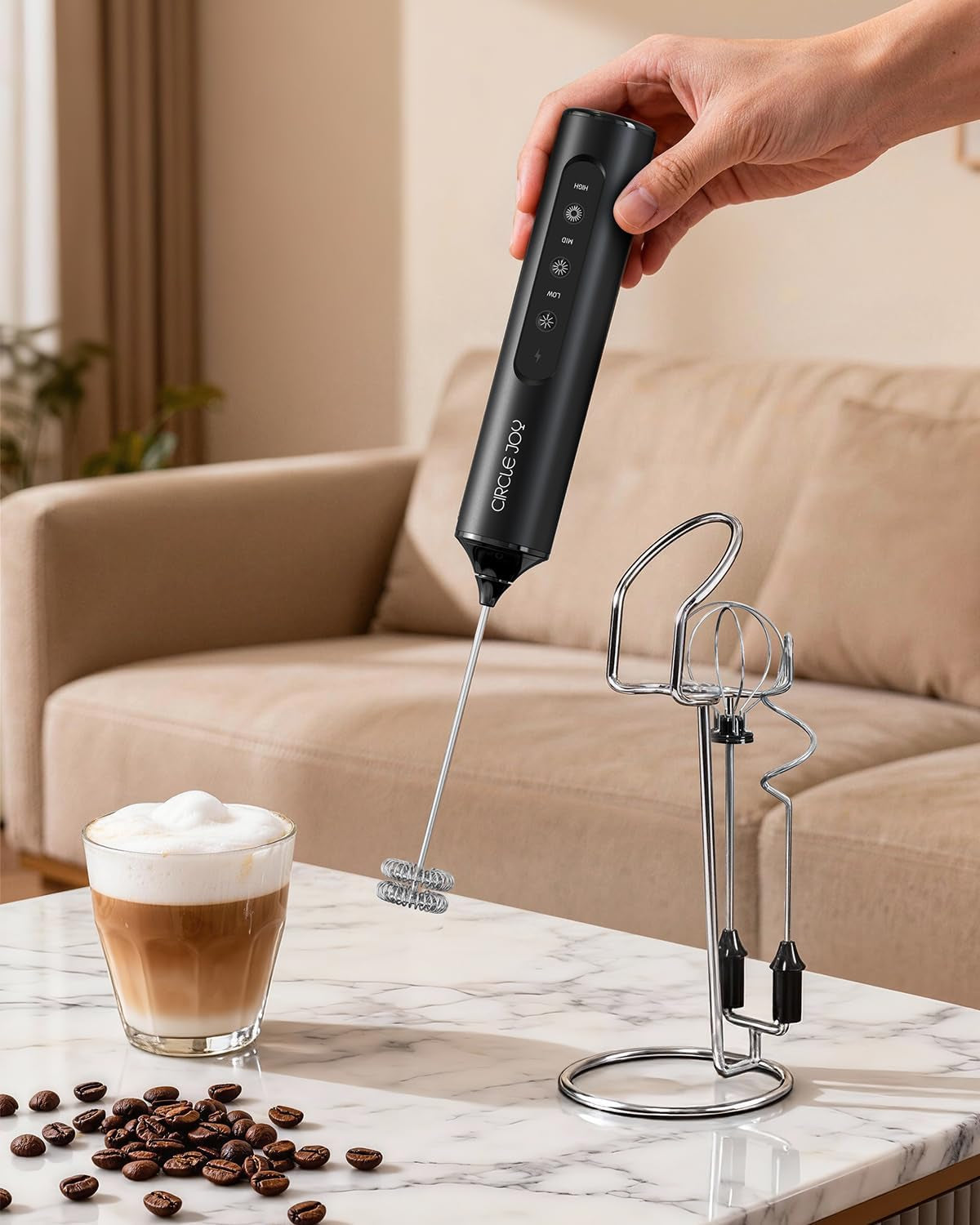 Rechargeable Handheld Milk Frother Wand with Stand, 3 Variable Speeds, 3 Whisks and Storage Box, Electric Drink Mixer for Latte, Cappuccino, Hot Chocolate, Eggs and Protein Powder, Black