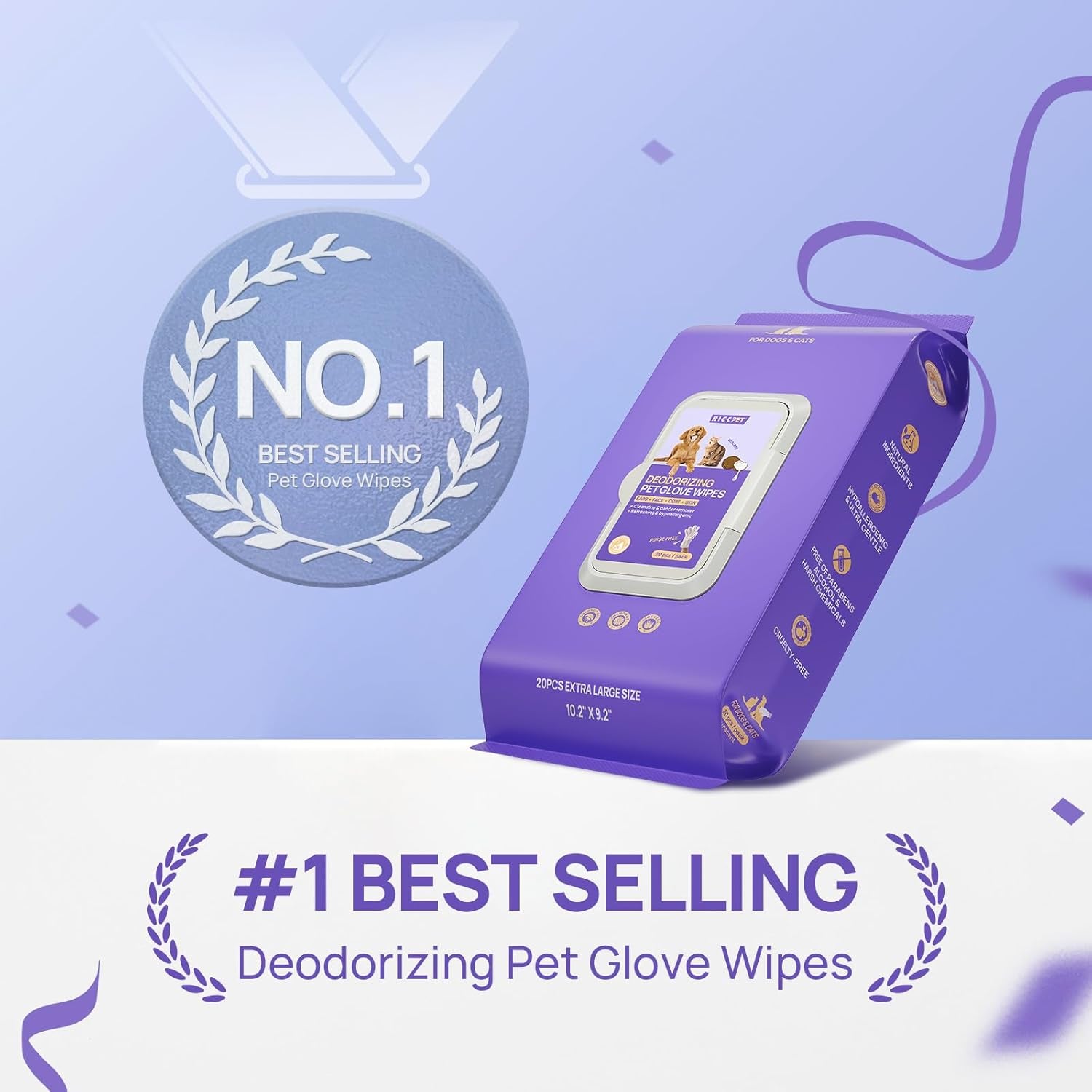 Cleaning Deodorizing Glove Wipes for Dogs & Cats, Vet Recommended Hypoallergenic Hydrating & Nourish Fur Pet Grooming Glove Wipes, Pet Bathing Wipes for Horse Coat Care,20Pcs Coconut Scent