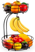 Iron 2-Tier Countertop Fruit Vegetables Basket Bowl Storage with Banana Hanger, Black, 64 Ounces