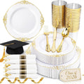 350PCS Gold Plastic Plates - Gold Plastic Dinnerware Sets for 50 Guests - 100 Disposable Plates, 150 Silverware, 50 Cups, 50 Napkins for Wedding & Party