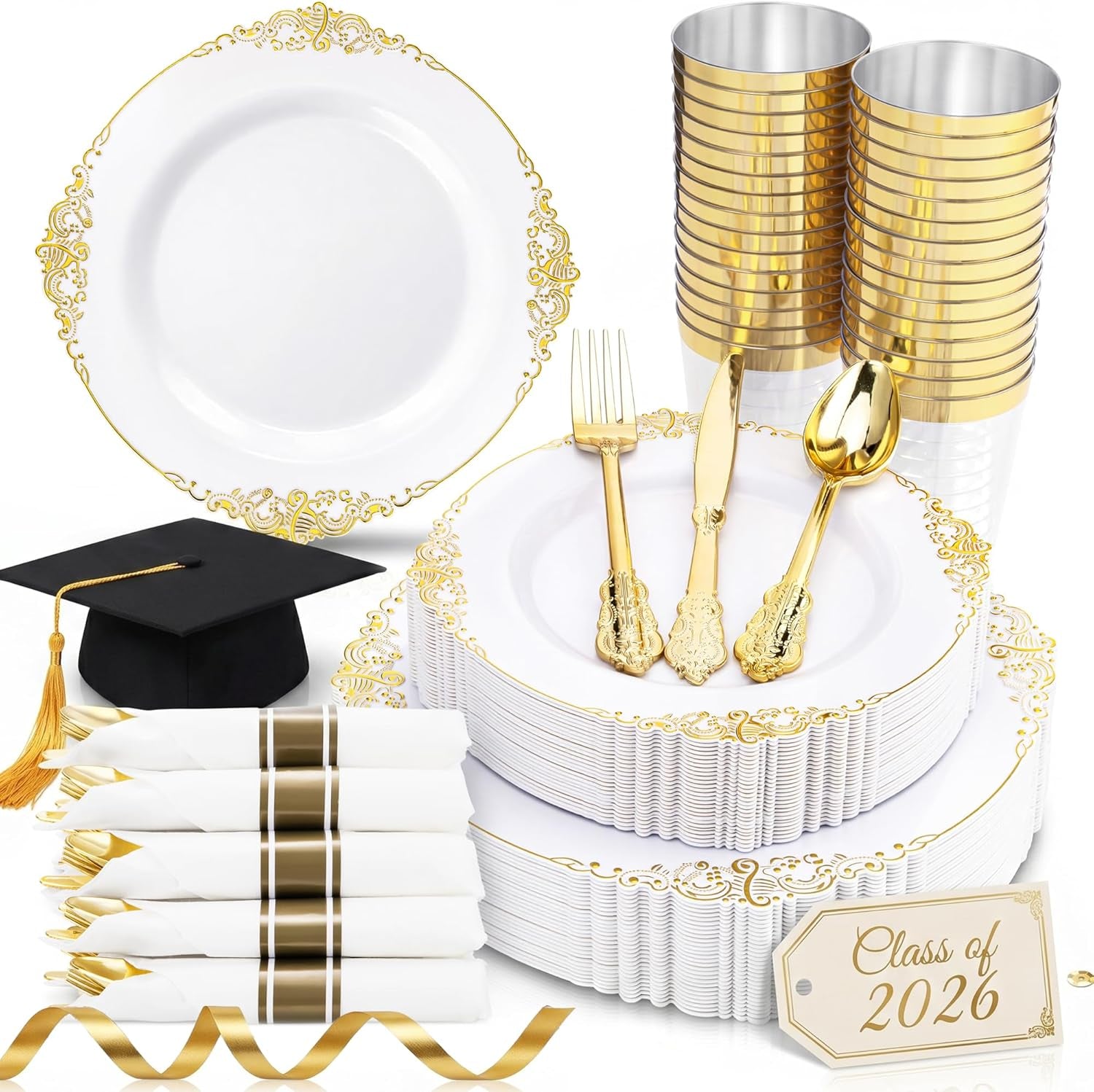 350PCS Gold Plastic Plates - Gold Plastic Dinnerware Sets for 50 Guests - 100 Disposable Plates, 150 Silverware, 50 Cups, 50 Napkins for Wedding & Party