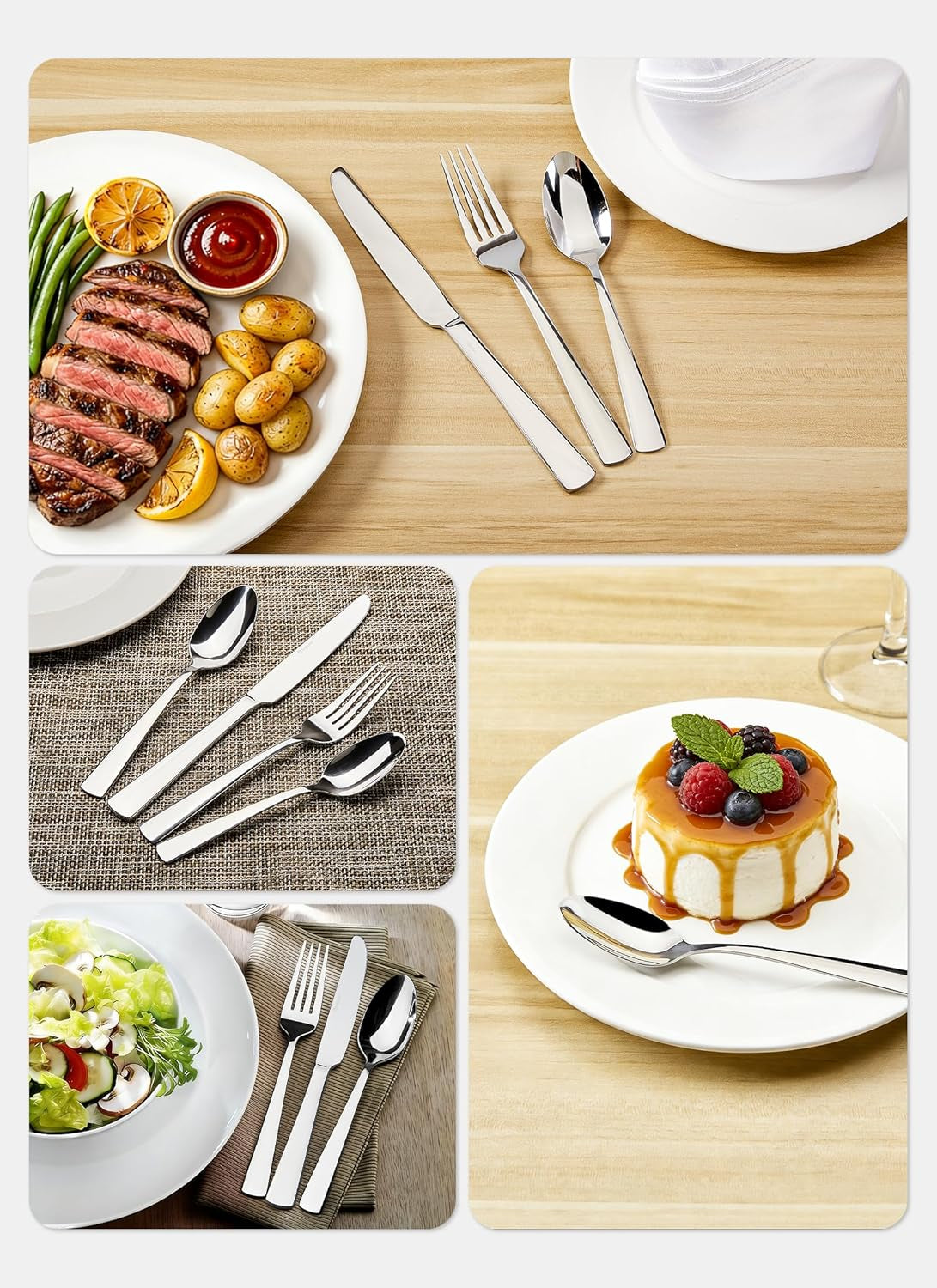 45-Piece Flatware Sets, Silverware Set for 8, Durable Stainless Steel Tableware in Ergonomic Design Size and Weight, Kitchen Utensils Set with Steak Knives, Rust-Proof, Dishwasher Safe