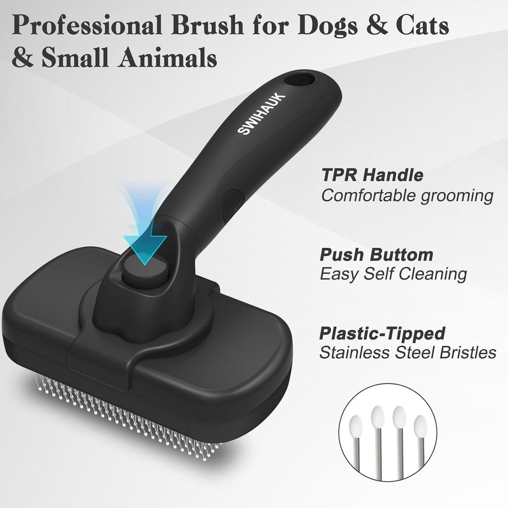 Self Cleaning Slicker Brush for Dogs & Cats - Skin Friendly Deshedding and Grooming Brush for Haired Pets, Pet Supplies Accessory, Black
