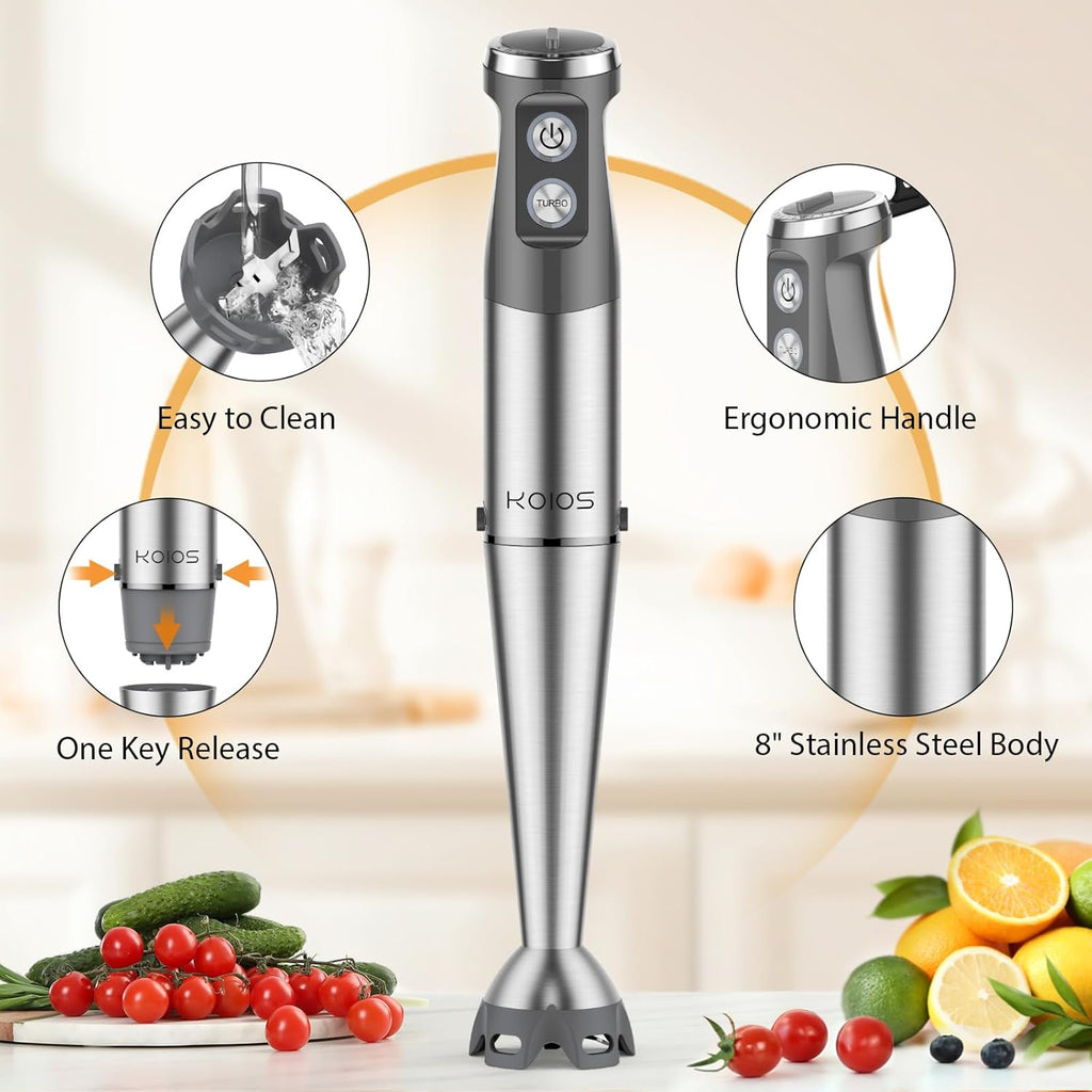 Immersion Blender, 1000W Anti-Scratch 3-In-1 Hand Blender, Upgraded 12 Speed Stainless Steel Blade Stick Blenders with Turbo Mode, Whisk and Milk Frother, Non-Bpa