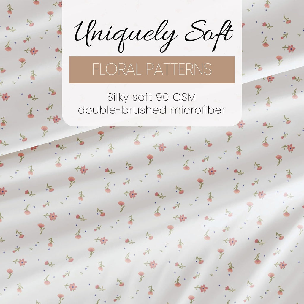 4 Piece Queen Sheet Set - Breathable, Double-Brushed Patterned Cooling Sheets – Oeko-Tex Certified Ultra Soft & Wrinkle-Free 16" Deep-Pocket Queen Sheets - Easy Care Soft Floral Pink
