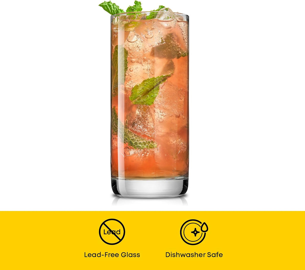 Faye 13Oz Highball Glasses, 6Pc Tall Glass Sets. Lead-Free Crystal Drinking Glasses. Water Glasses, Mojito Glass Cups, Tom Collins Bar Glassware, and Mixed Drink Cocktail Glass Set
