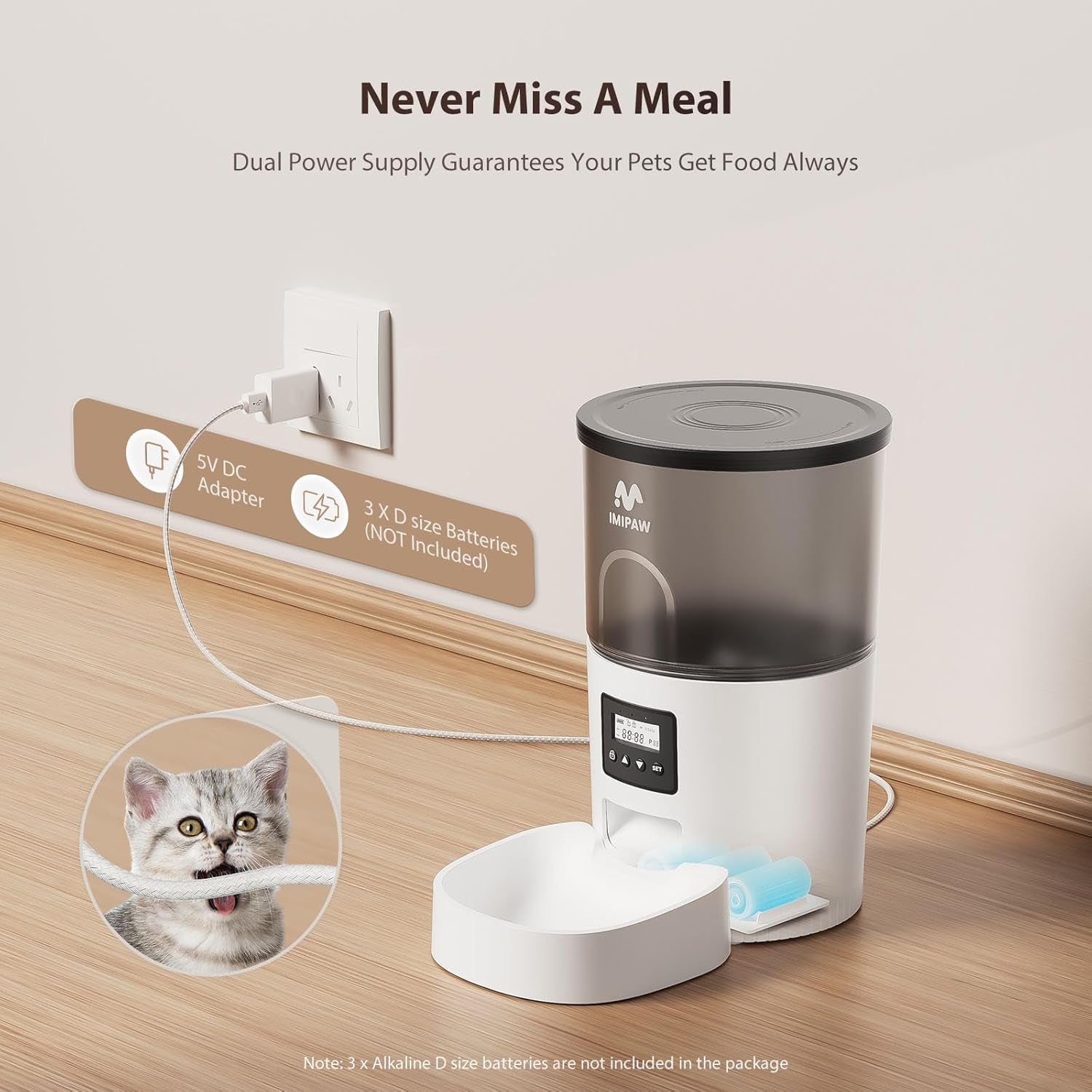 Automatic Cat Feeders, Timed Cat Dry Food Dispenser with Desiccant Bag, Dual Power Supply, Programmable Portion Size, 6 Meals, 20 Portions per Day, Auto Pet Feeder for Cats and Small Dog, White